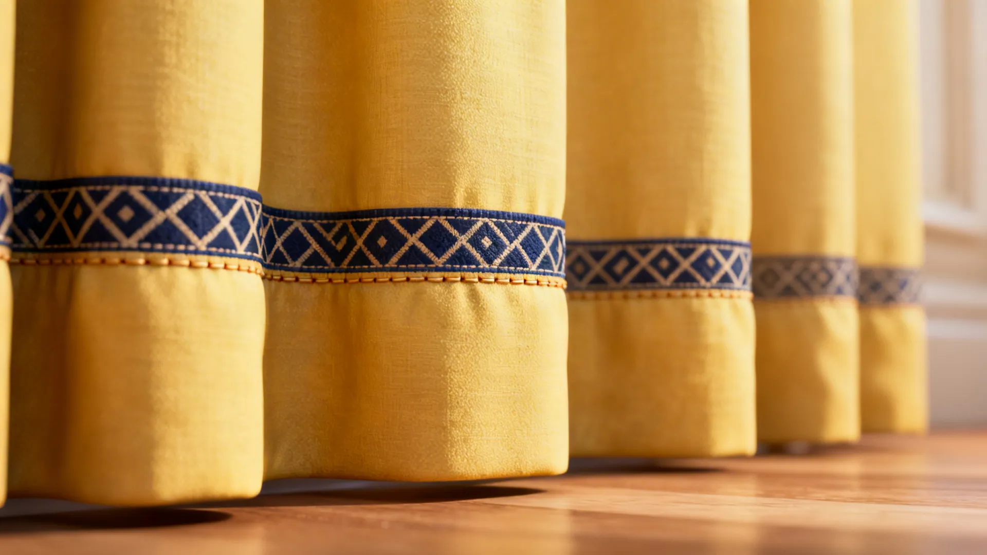 Light-yellow curtain hem with navy geometric patterned trim in close-up