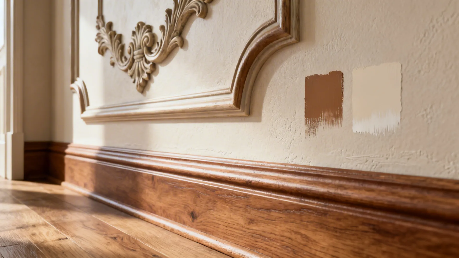Close-up of Victorian crown molding with paint swatches showing a slightly deeper trim tone.