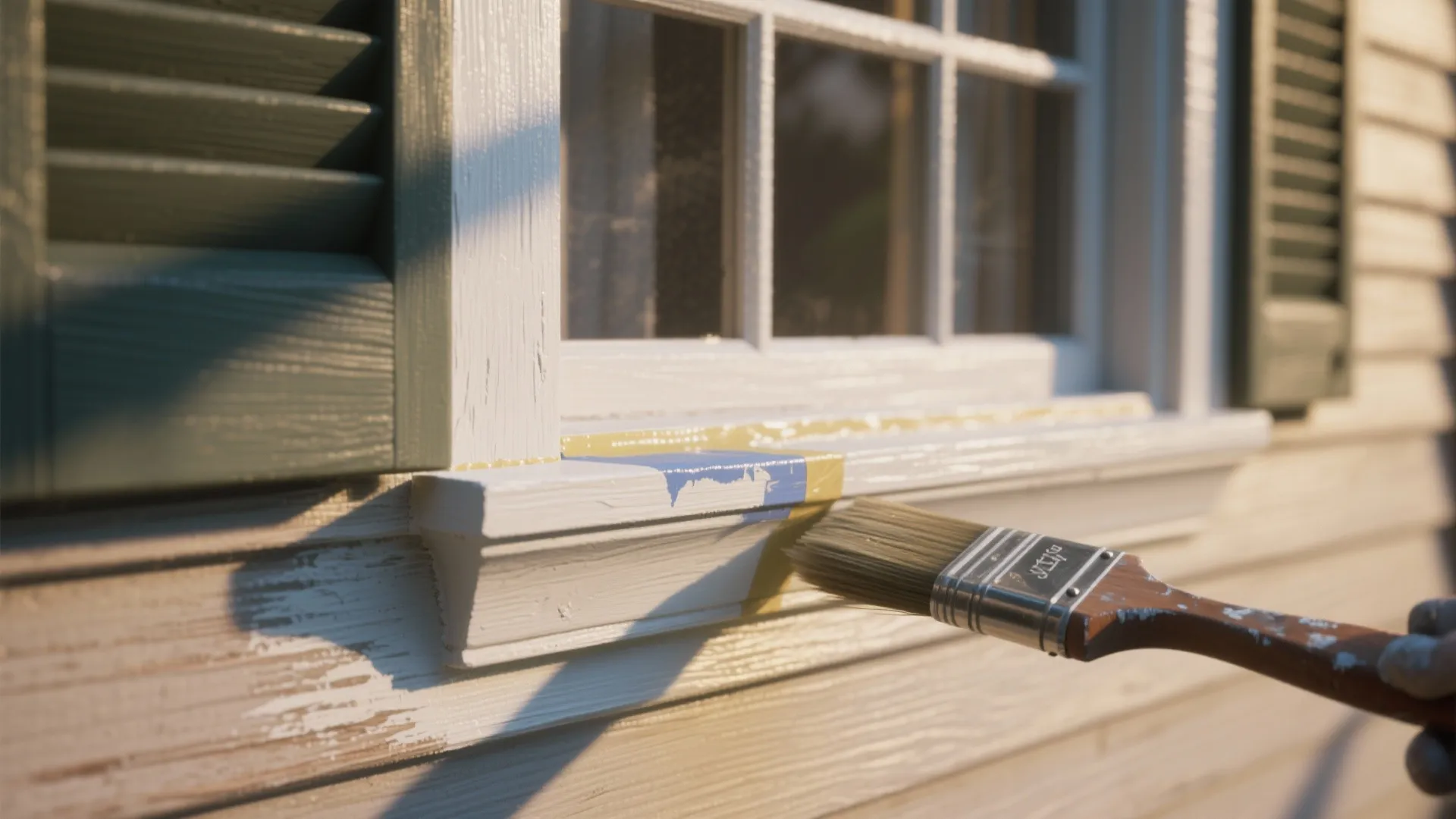 Hand using a paint brush to apply white paint on the wooden window frame trim
