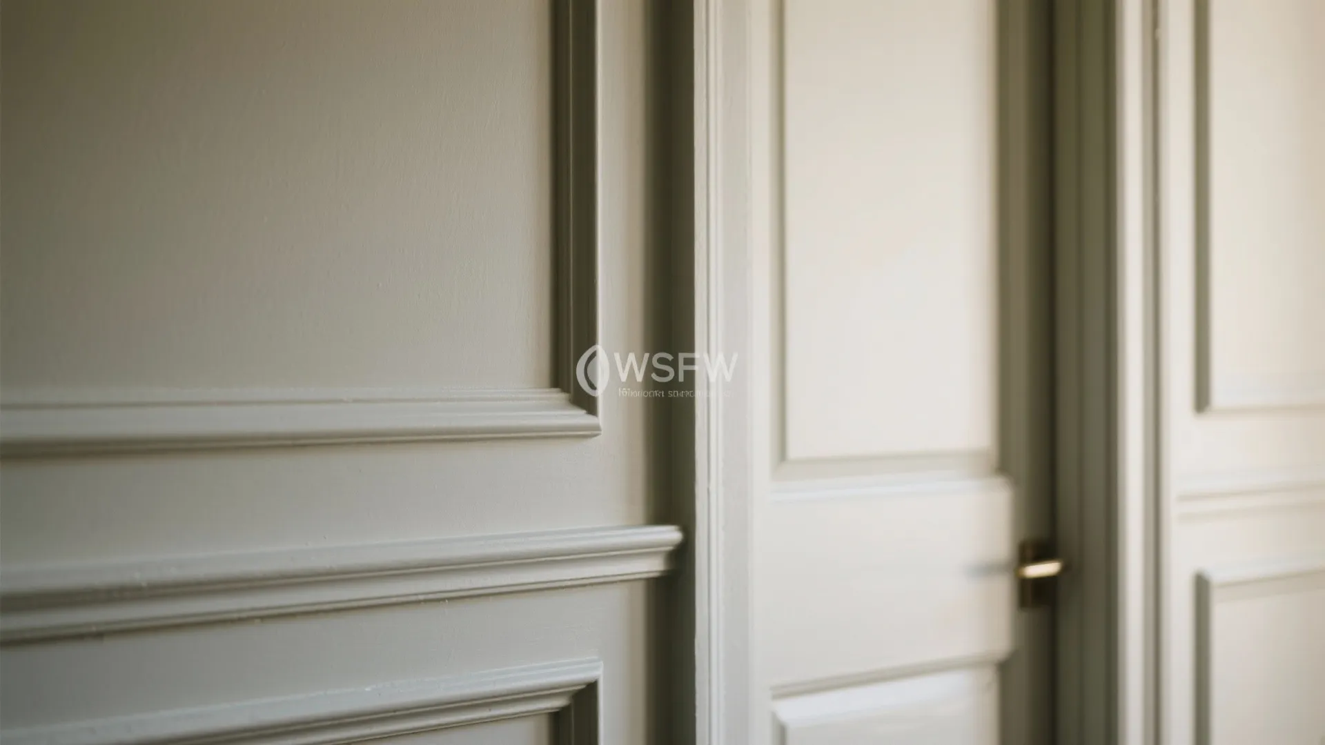 Grey decorative wall panel next to white door with small gold handle in soft light