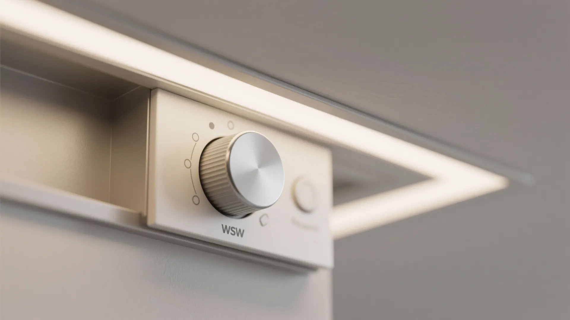 Close up view of a round metal light control knob used to adjust brightness levels