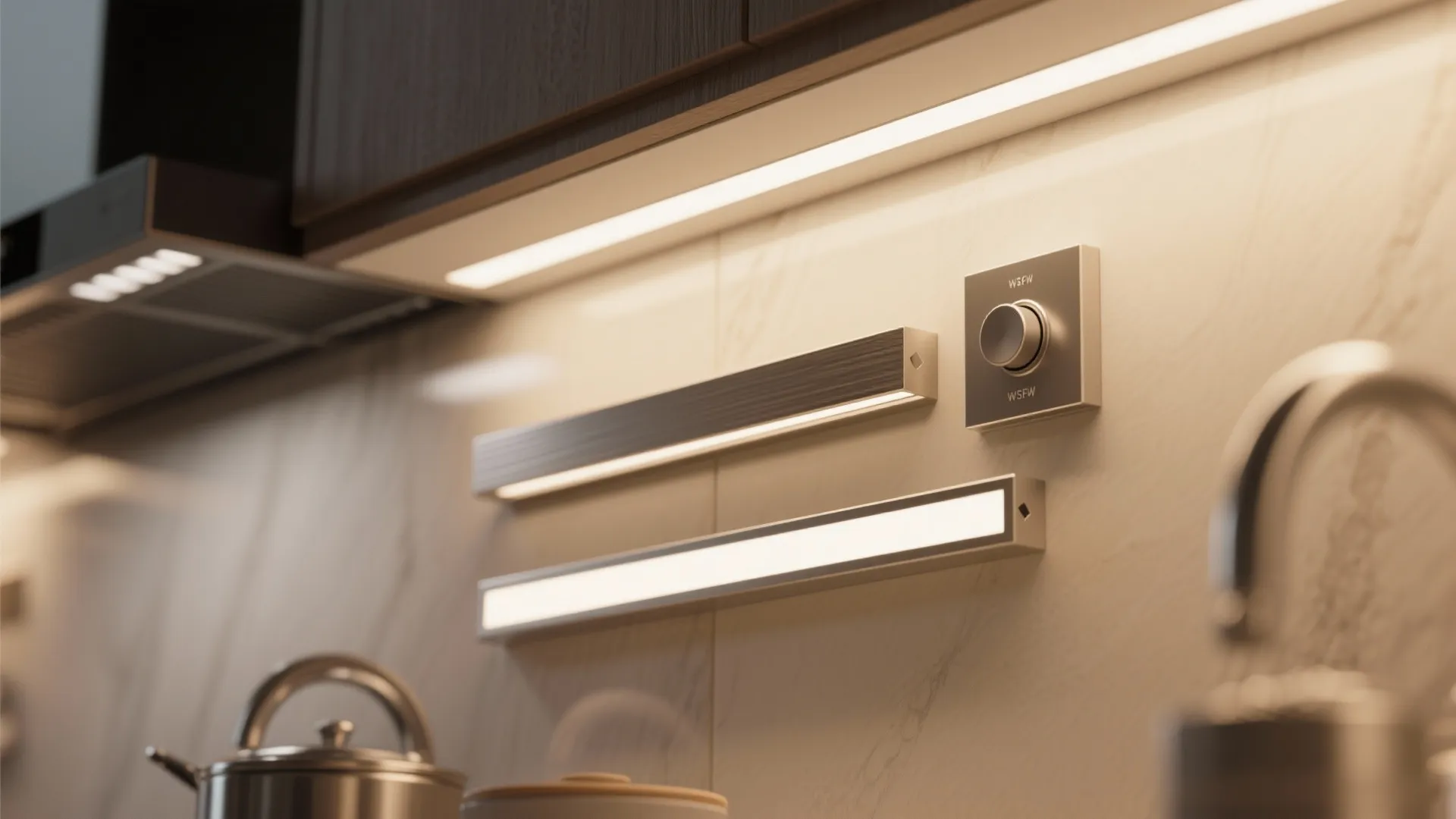 Close up of kitchen wall lights with a round dimmer switch and under cabinet lighting