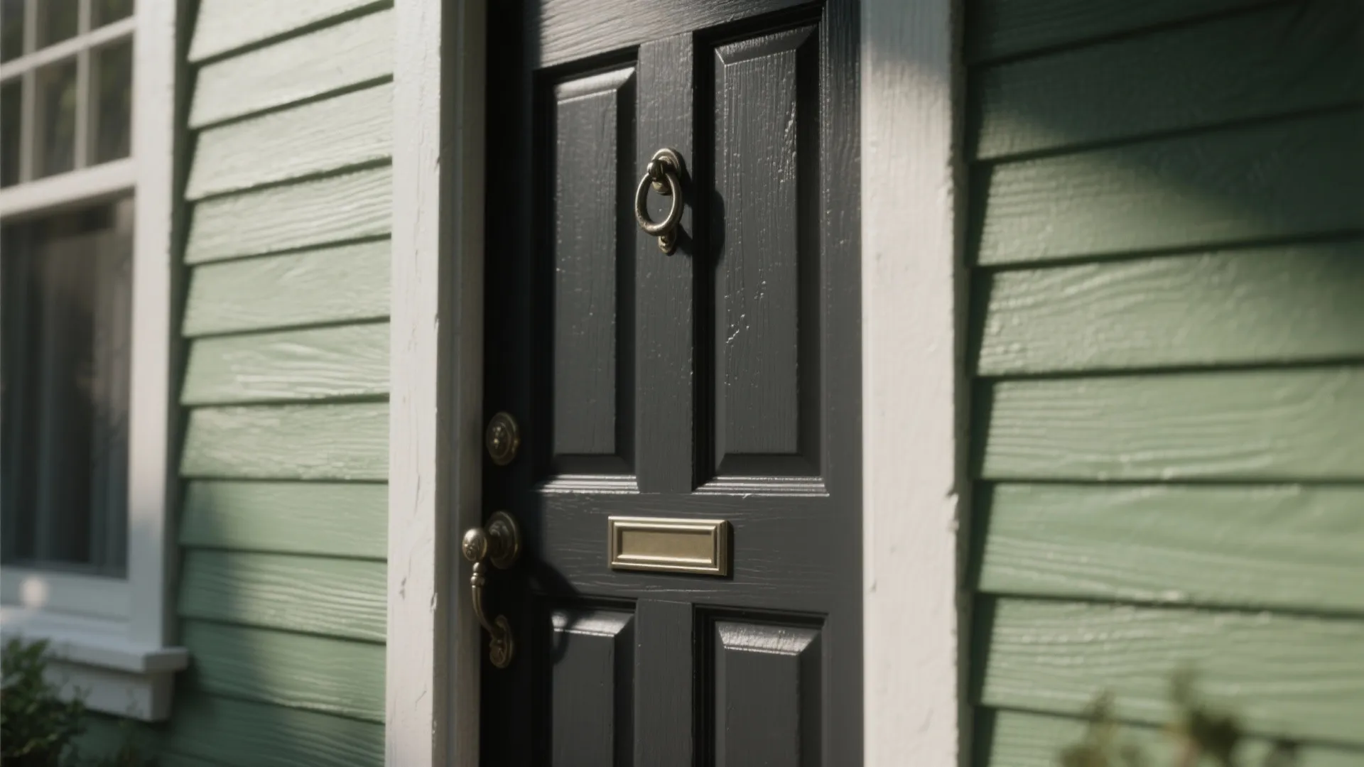 Close-up of a deep charcoal front door and slightly darker trim against sage green siding showing texture and hardware.