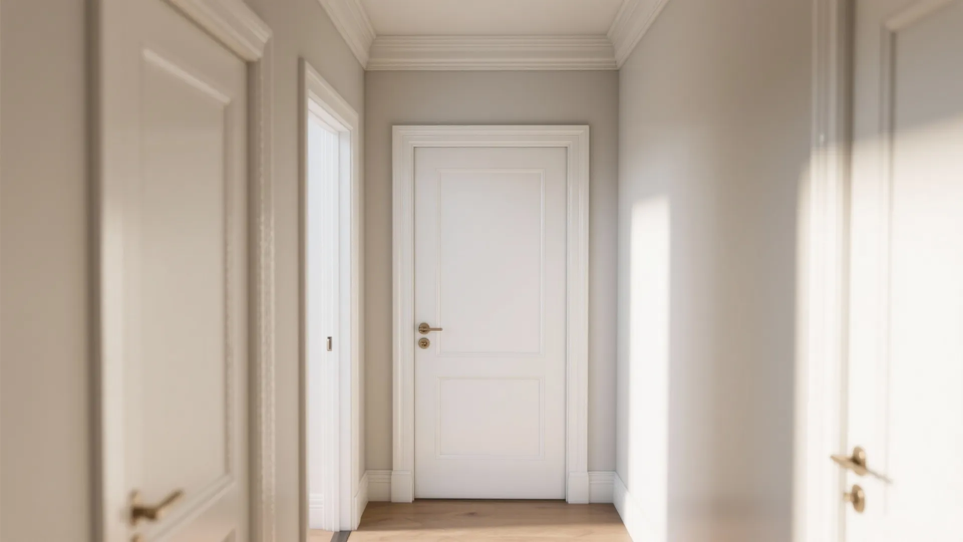 Bright hallway featuring white classic doors with matching frames, ceiling trim, and light wood flooring