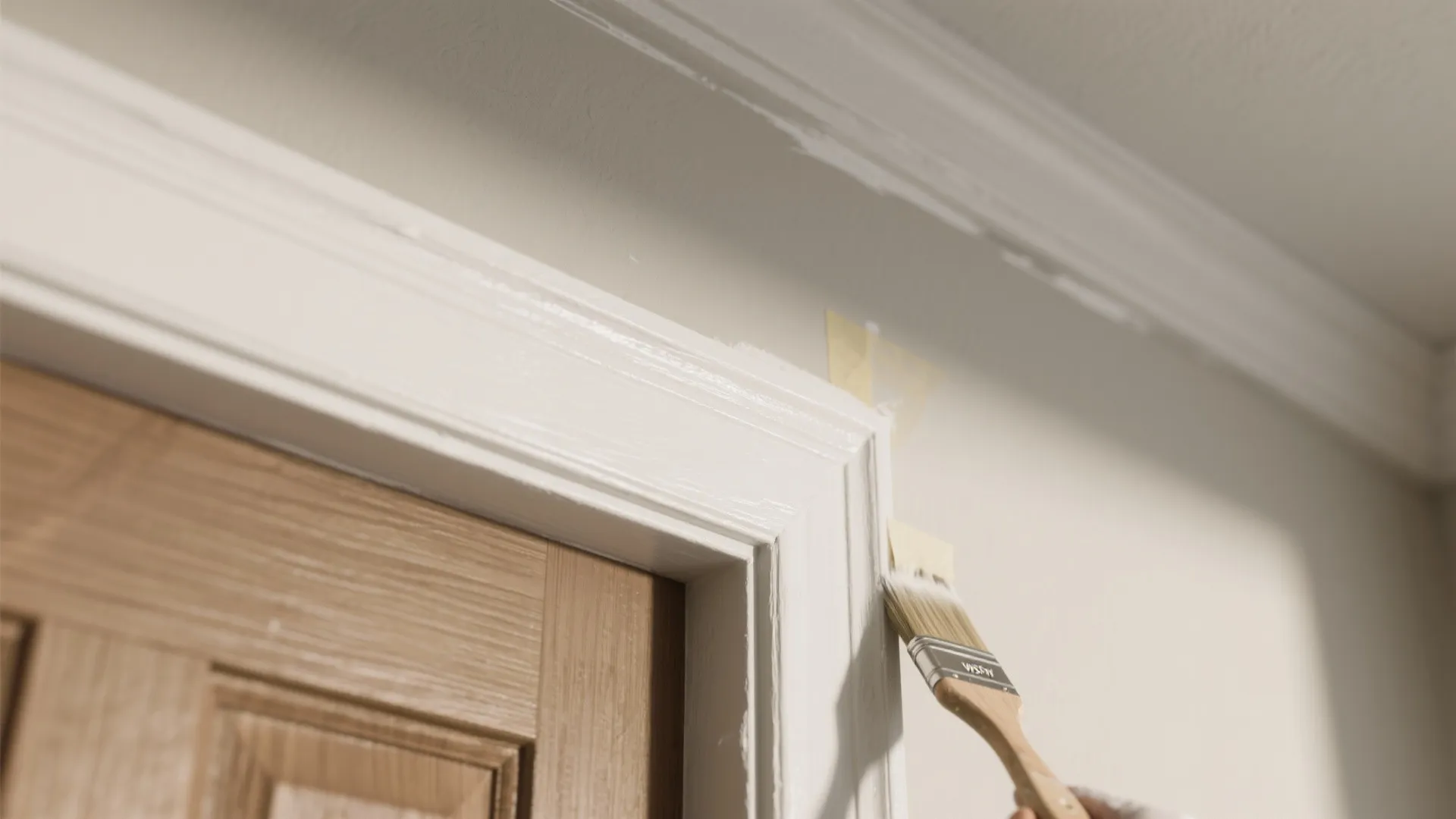 Hand using a brush to paint white trim around a wooden door with masking tape