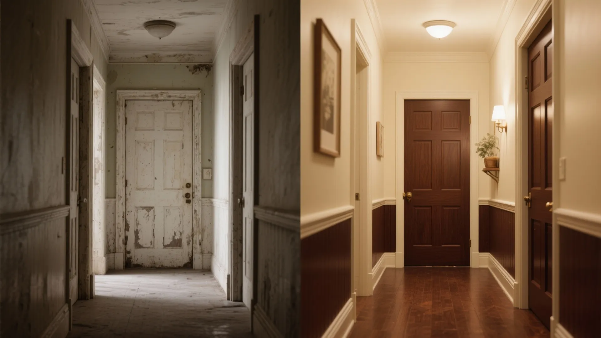 Before and after comparison of an old hallway versus a renovated hallway with brown doors