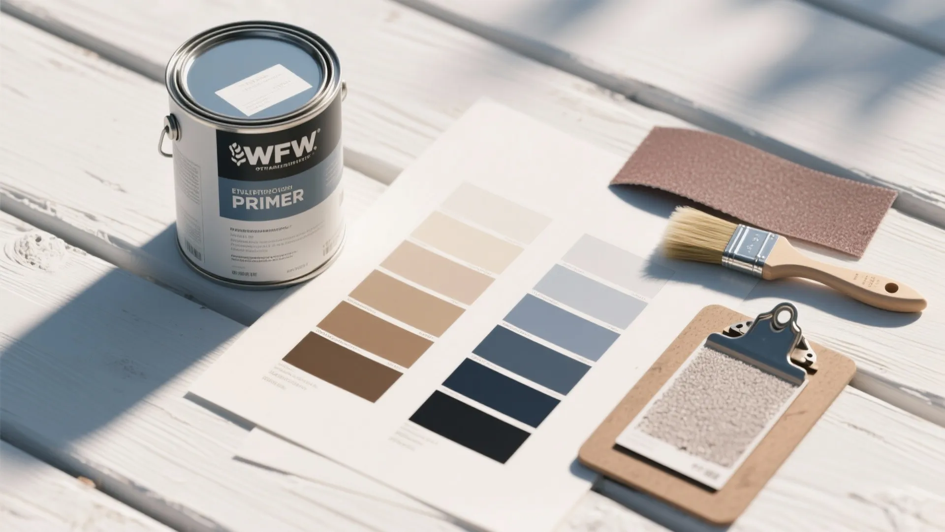 Primer can color swatches paint brush sandpaper and clipboard on white wood planks under sunlight