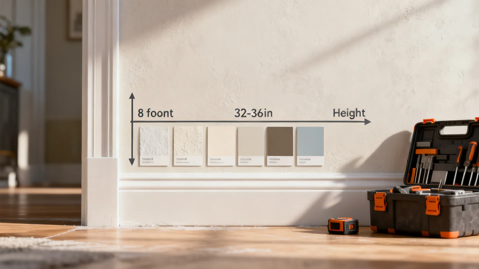 Instructional vignette showing recommended trim heights, paint swatches, and tools for DIY trim projects.