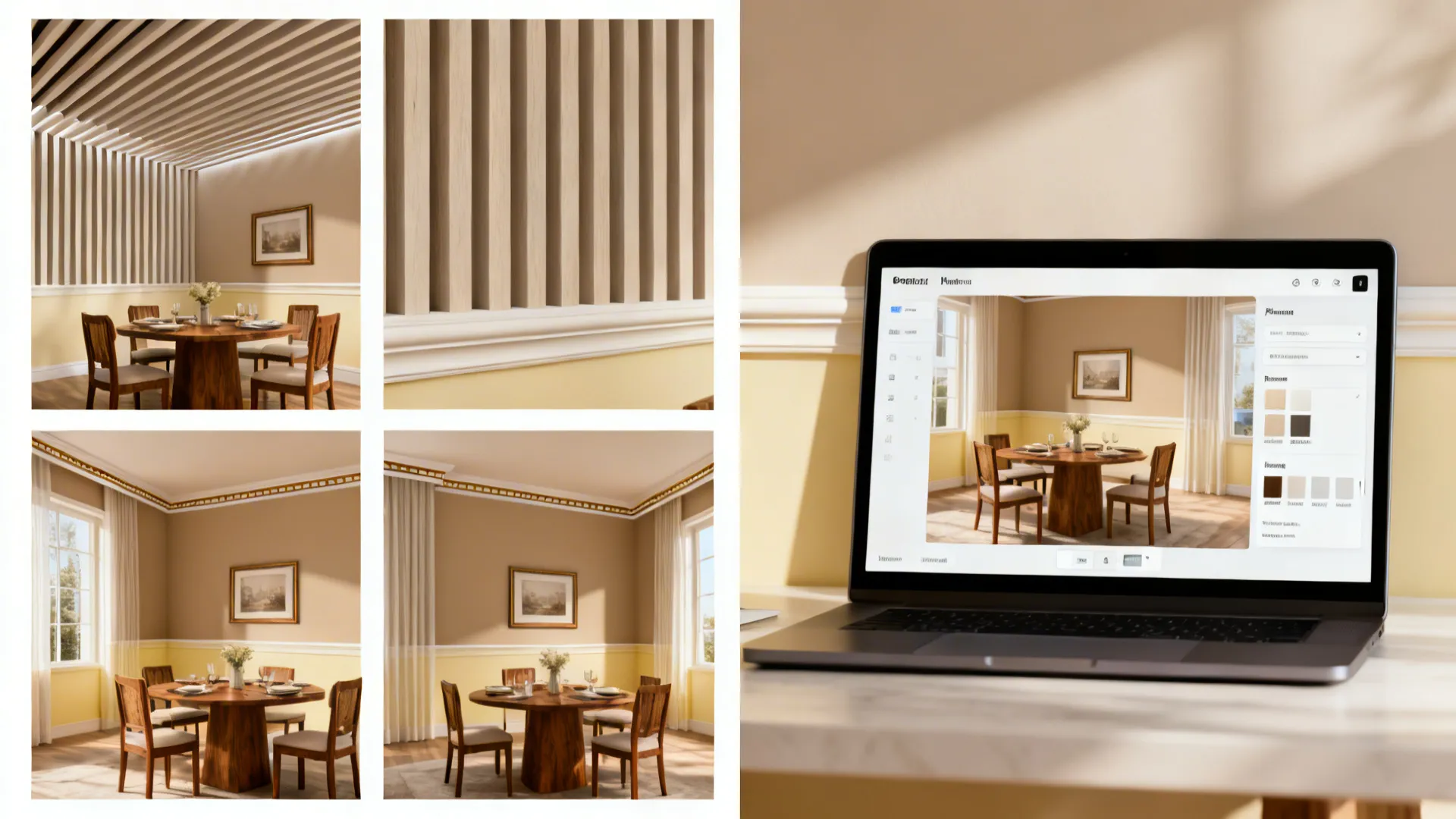 Laptop showing dining room design with wooden table and chairs plus four wall panel details