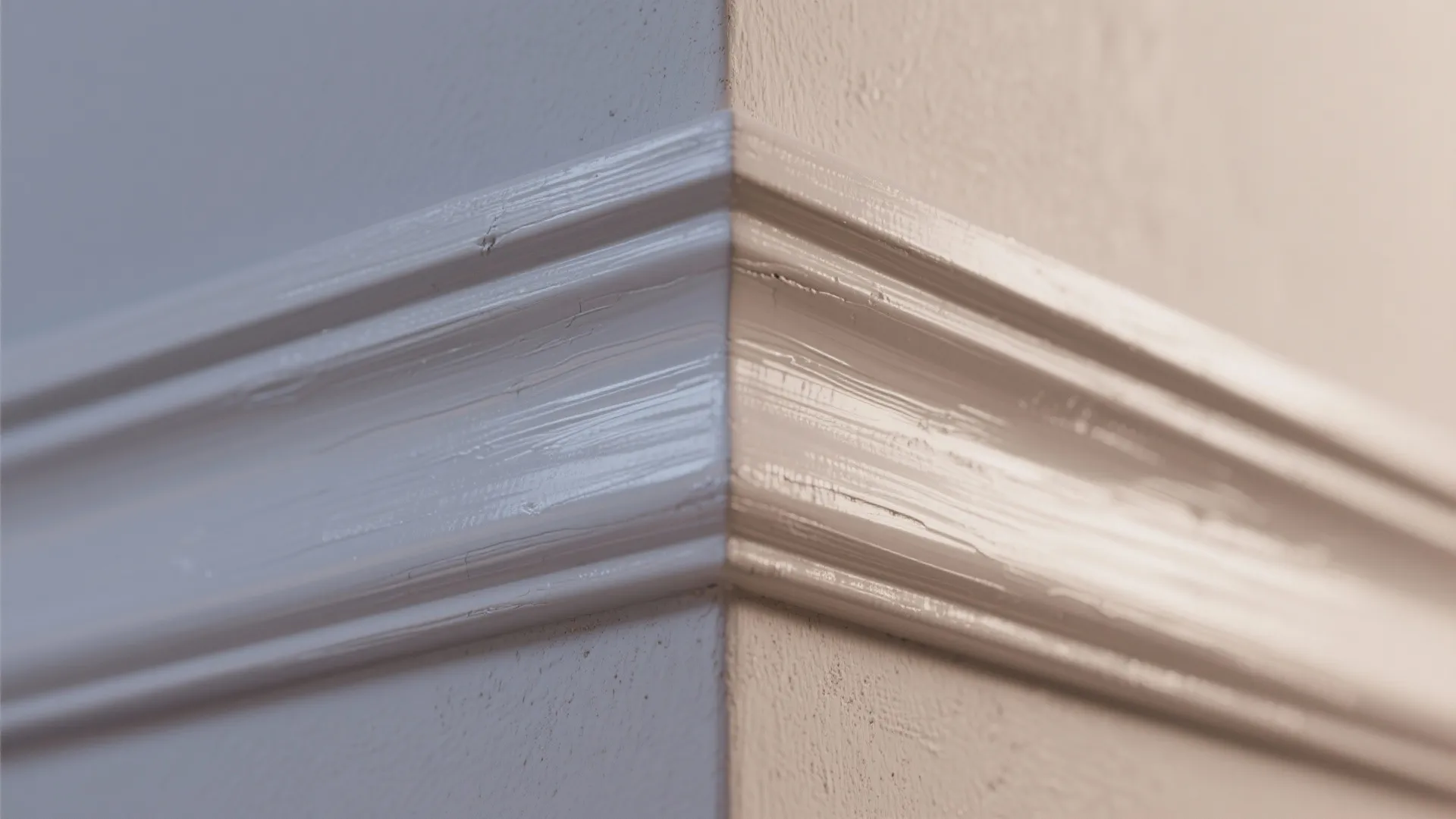 Close up view of white wall panel trim showing a corner joint on a white wall