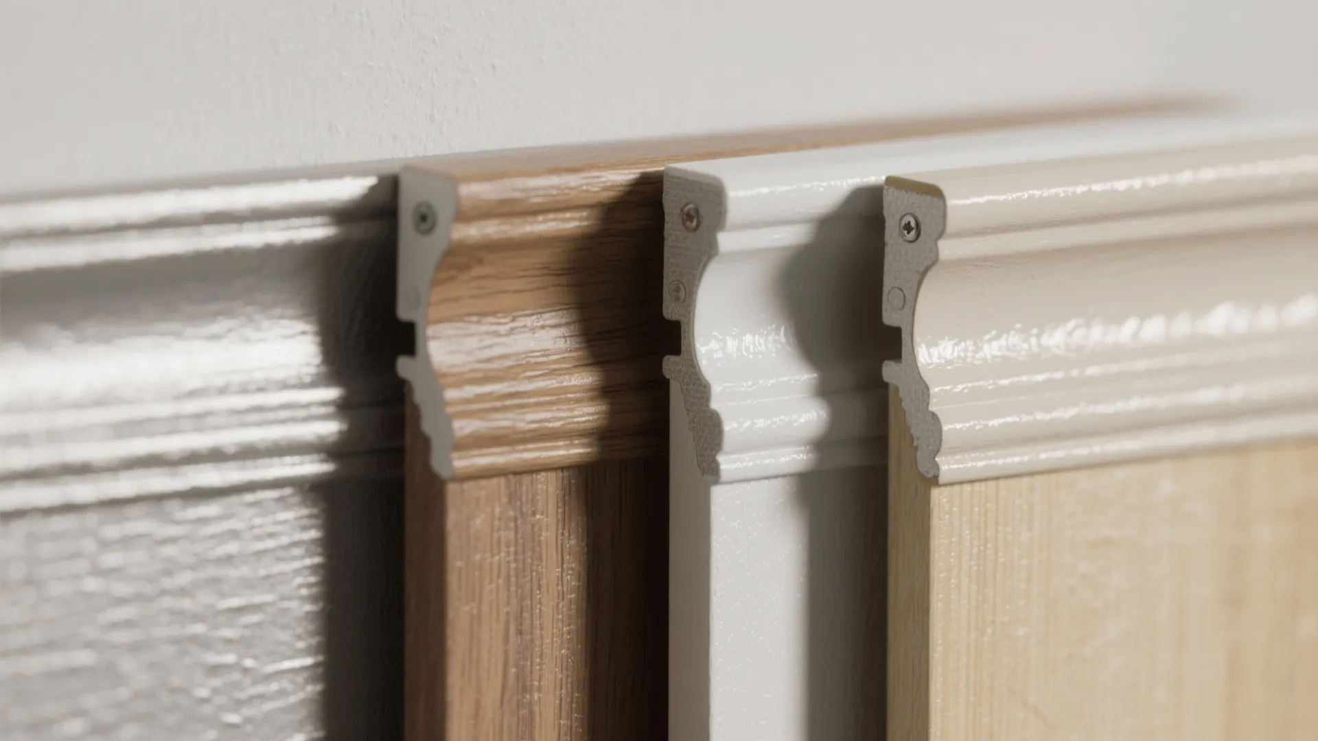 Four different wall panel trim samples showing grey wood white and cream color finish textures