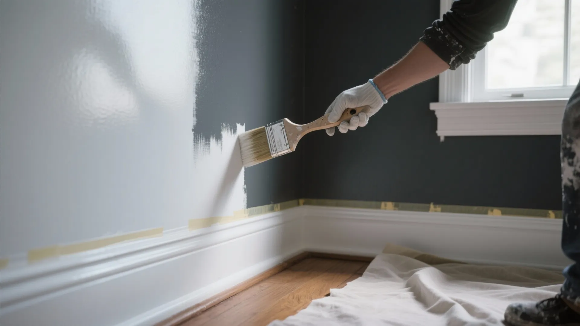 Glossy white trim painted first creating crisp edges against a matte deep-gray wall, showing detailed brushwork and clean tape lines.