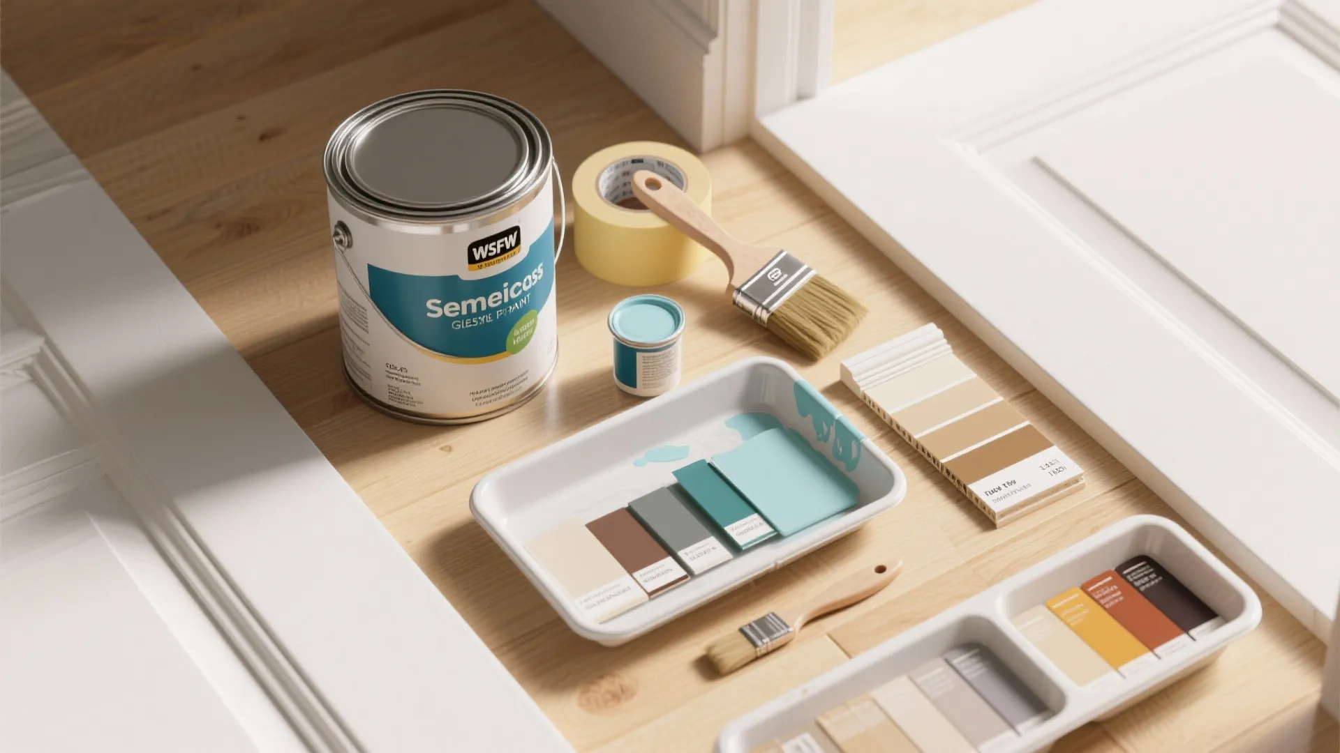Interior painting supplies including paint can brushes tape and color swatches on a wooden floor