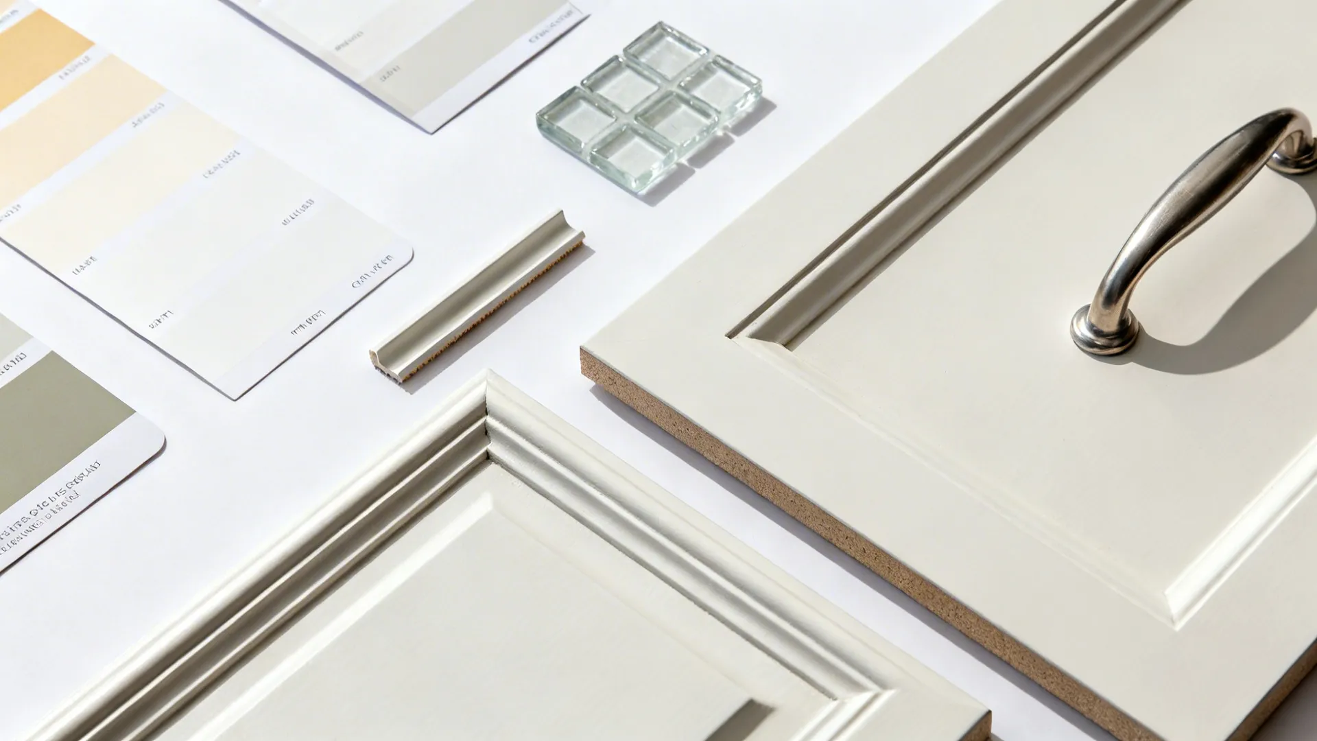 Top-down flat lay of slim beaded rails, micro-chamfer panel, edge and scribe trims with warm white swatches.
