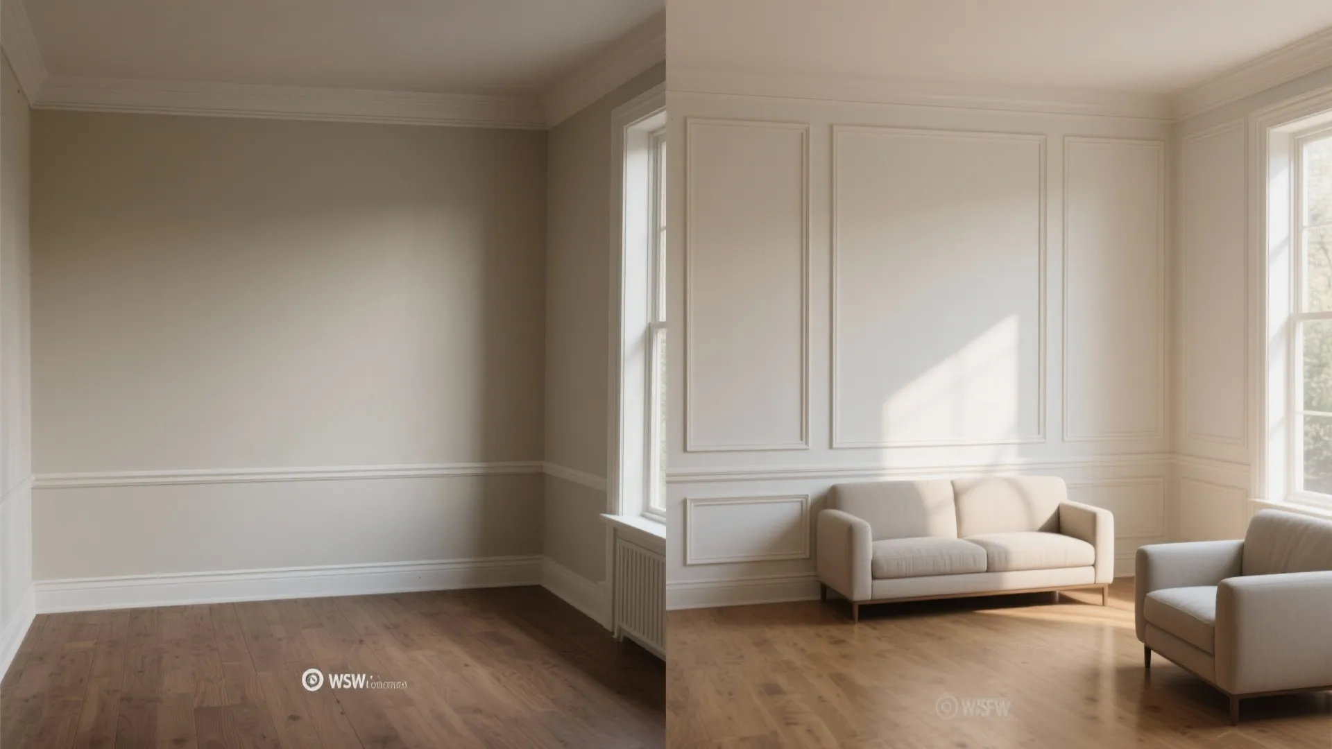 Before and after comparison of empty room and living room with white wall panel and furniture