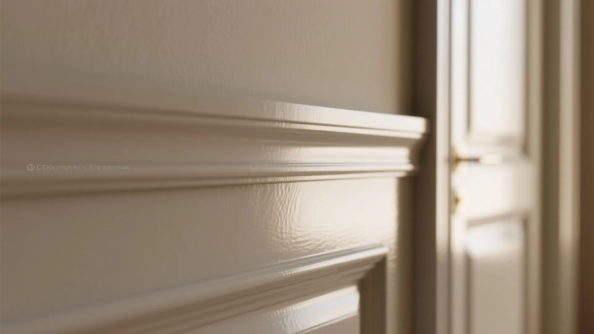 Close up of glossy white wall panel trim next to a white door in sunlight
