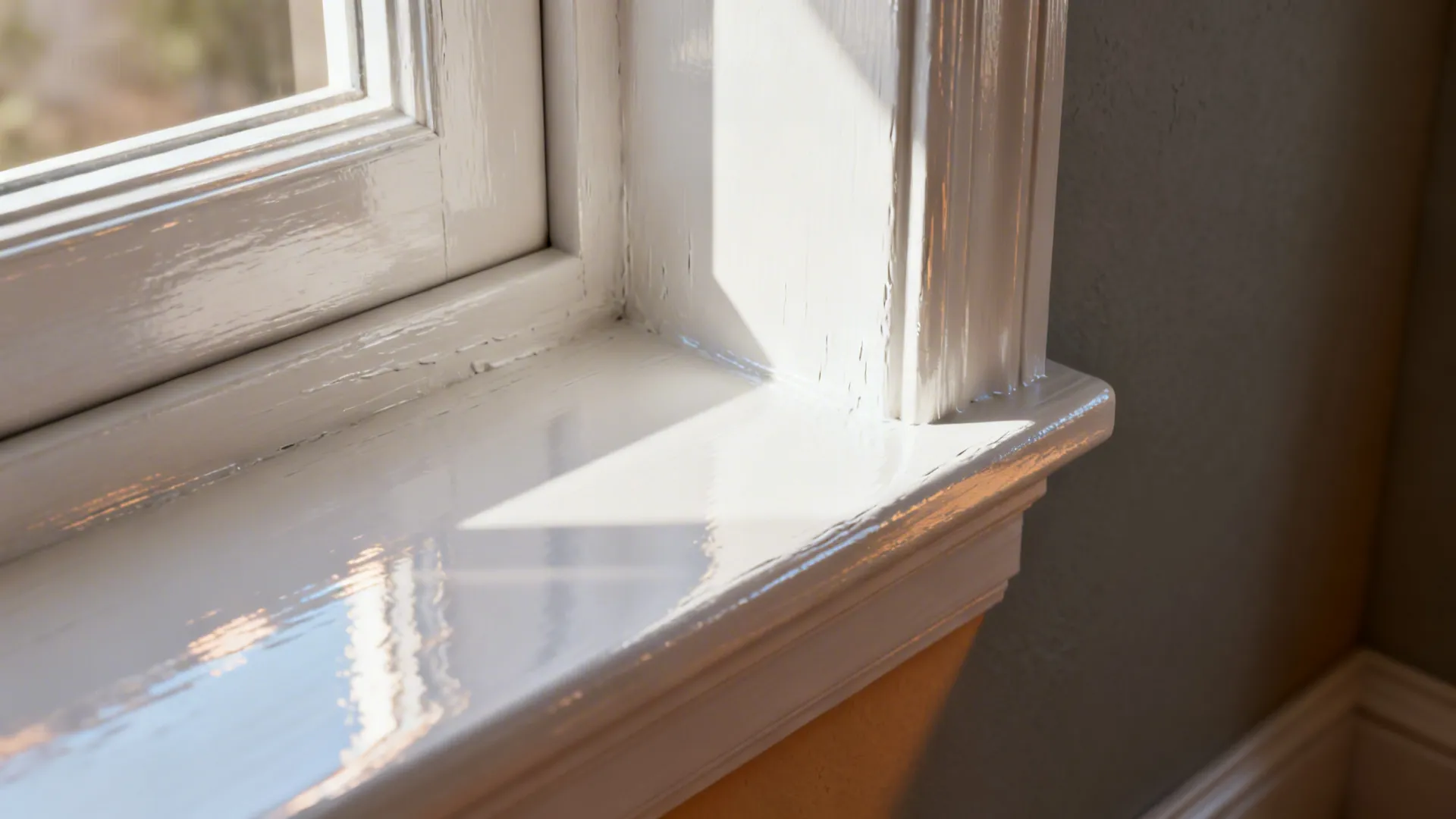 Close-up of glossy white trim against warm mid-gray wall showing texture and light reflection.