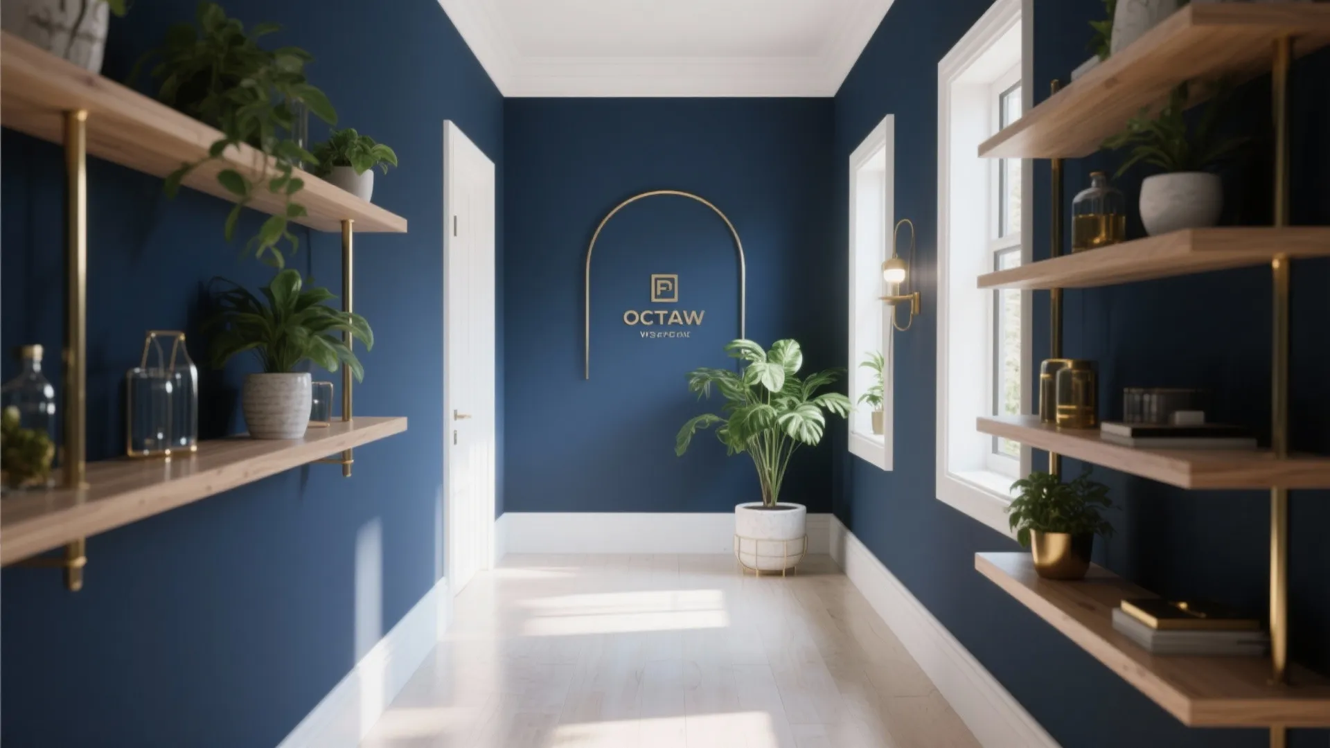 Blue hallway with wooden wall shelves, potted green plants, white doors, and gold wall logo