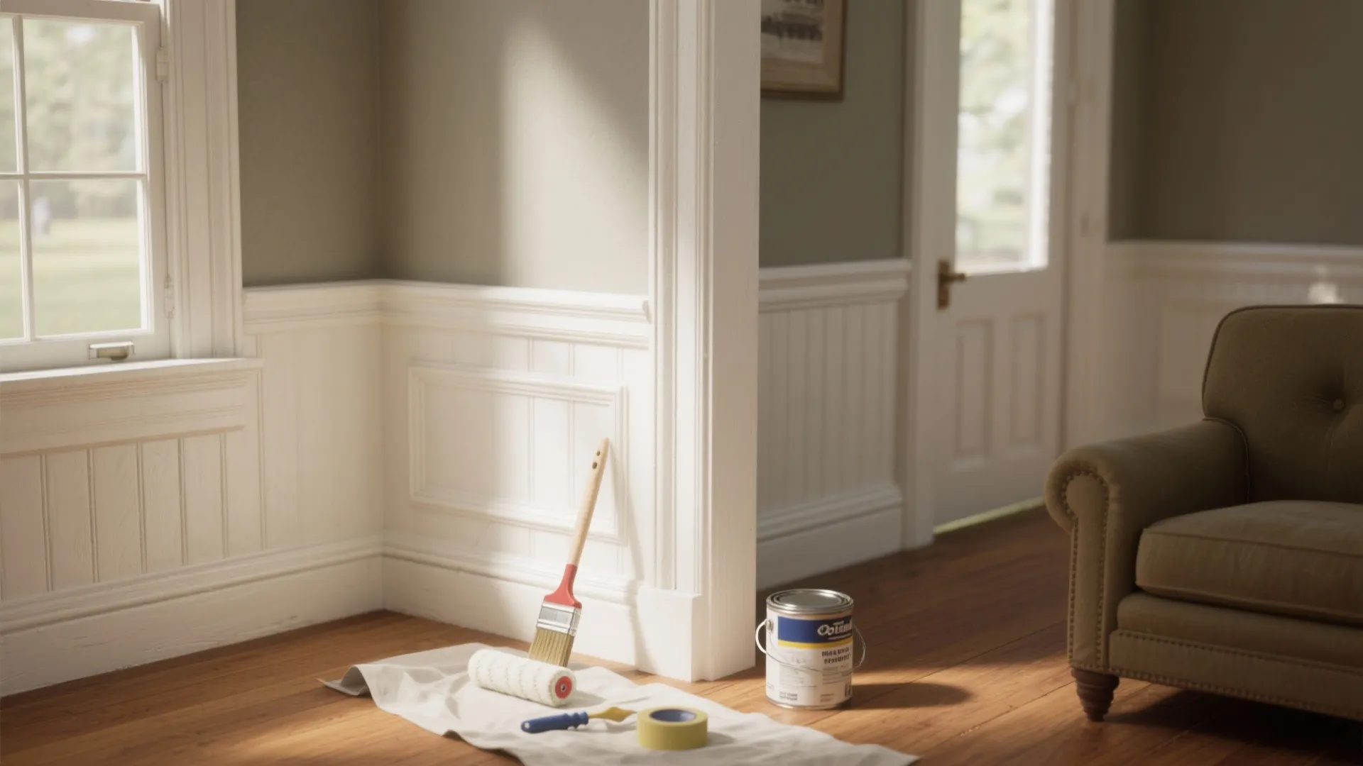 Living room with white wall panels wood floor sofa paint can and home painting tools
