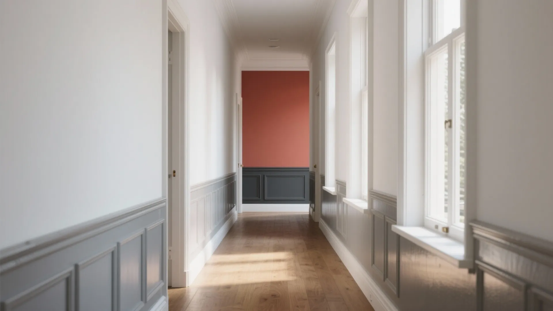 Long narrow hallway with white walls grey wall panels wooden floors and orange accent wall