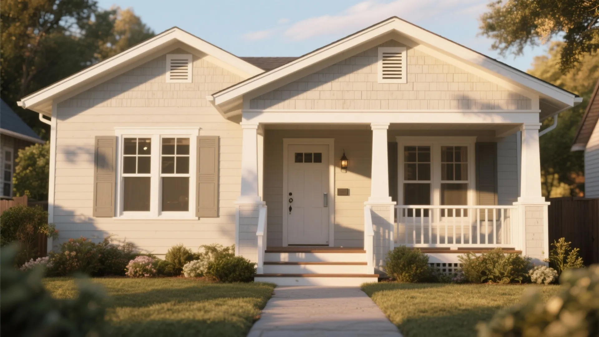 Small light green house with white window trim and a front porch with white railings