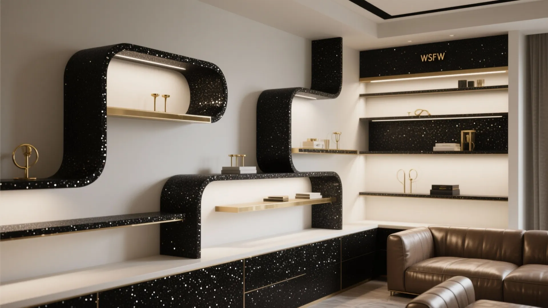 Interior design drawing with curved black shelves gold accents wall lights and a brown sofa