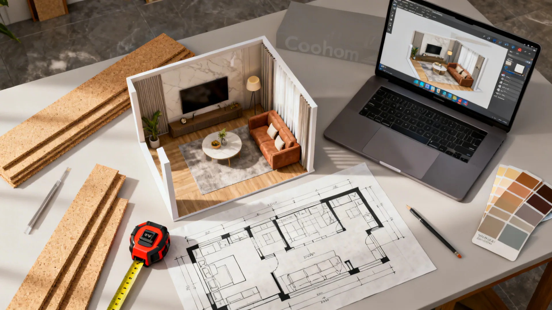 Top-down mockup of trim layout with tools, paint chips, MDF samples and a Coohom 3D preview on laptop.