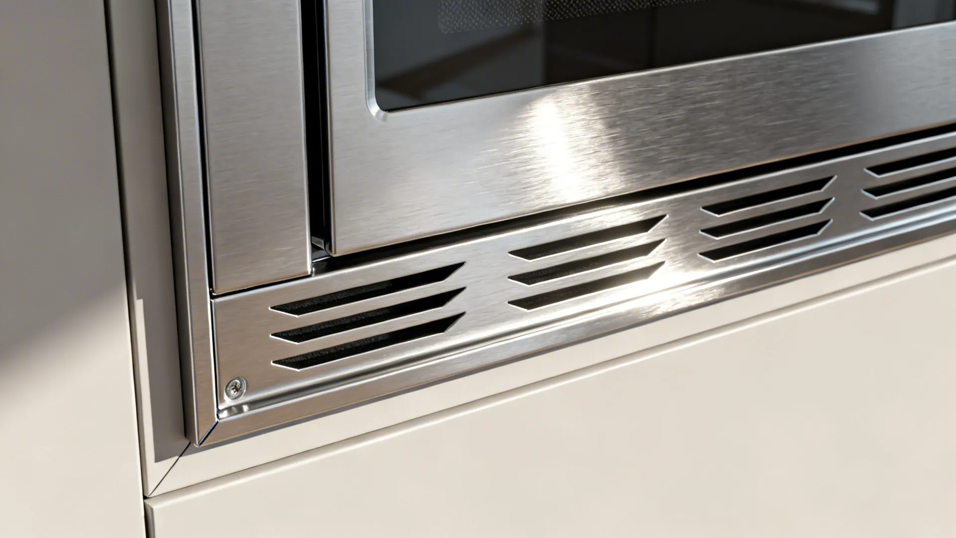Close-up of a stainless trim kit revealing clean ventilation slots and cabinet junction