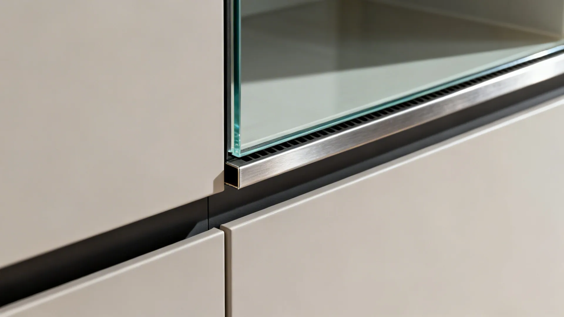 Close-up of a microwave trim kit reveal and vent gap beside a glass backsplash.