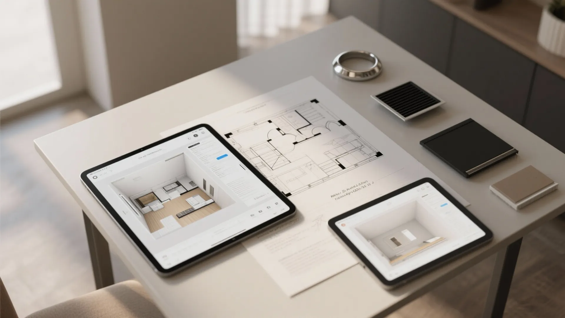 Table with interior design drawing and two tablets showing three dimensional room models and floor plans