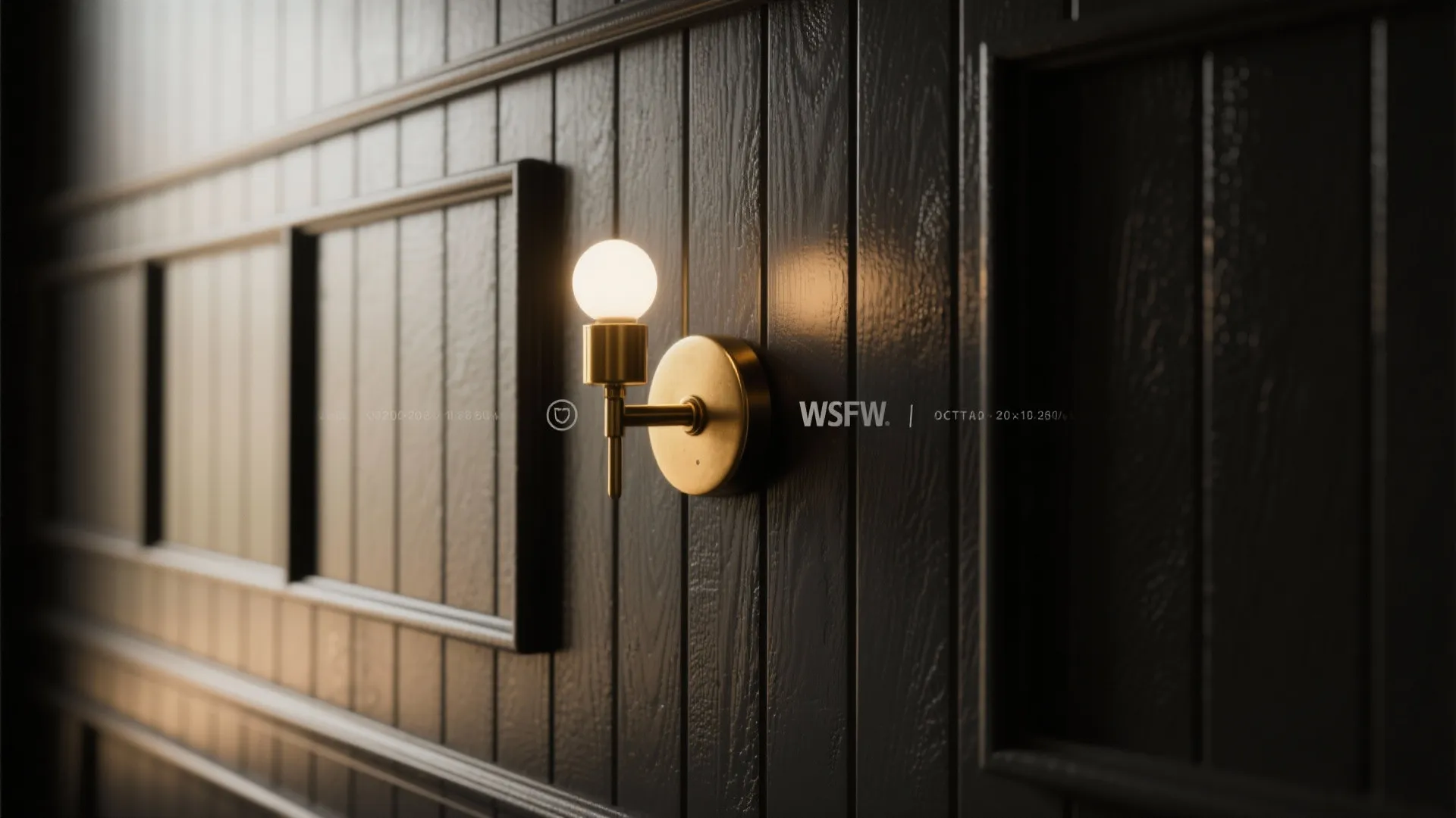 Black beadboard with brass sconce and matte trim showing warm lighting contrast