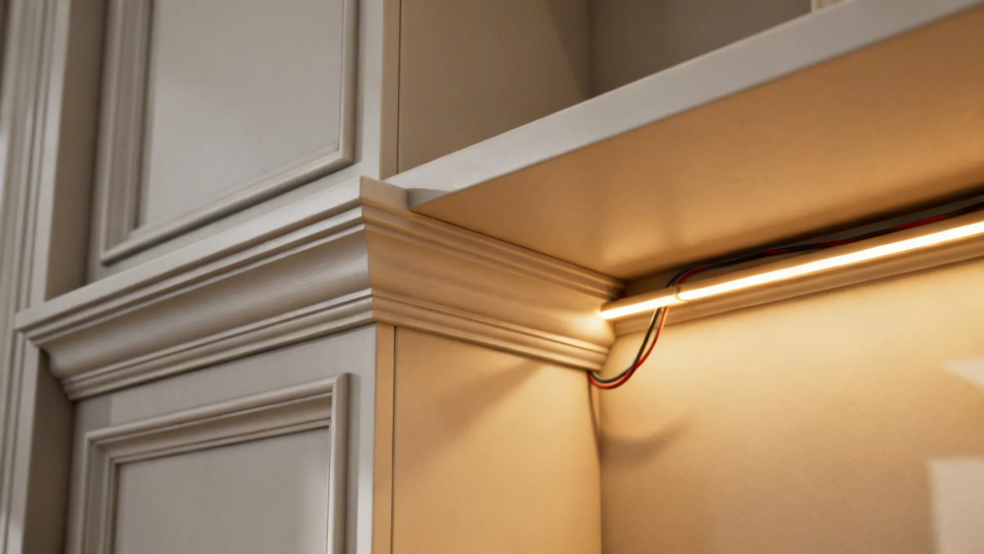 Close-up of crown moulding and integrated LED strip lighting making modular shelving feel built-in.