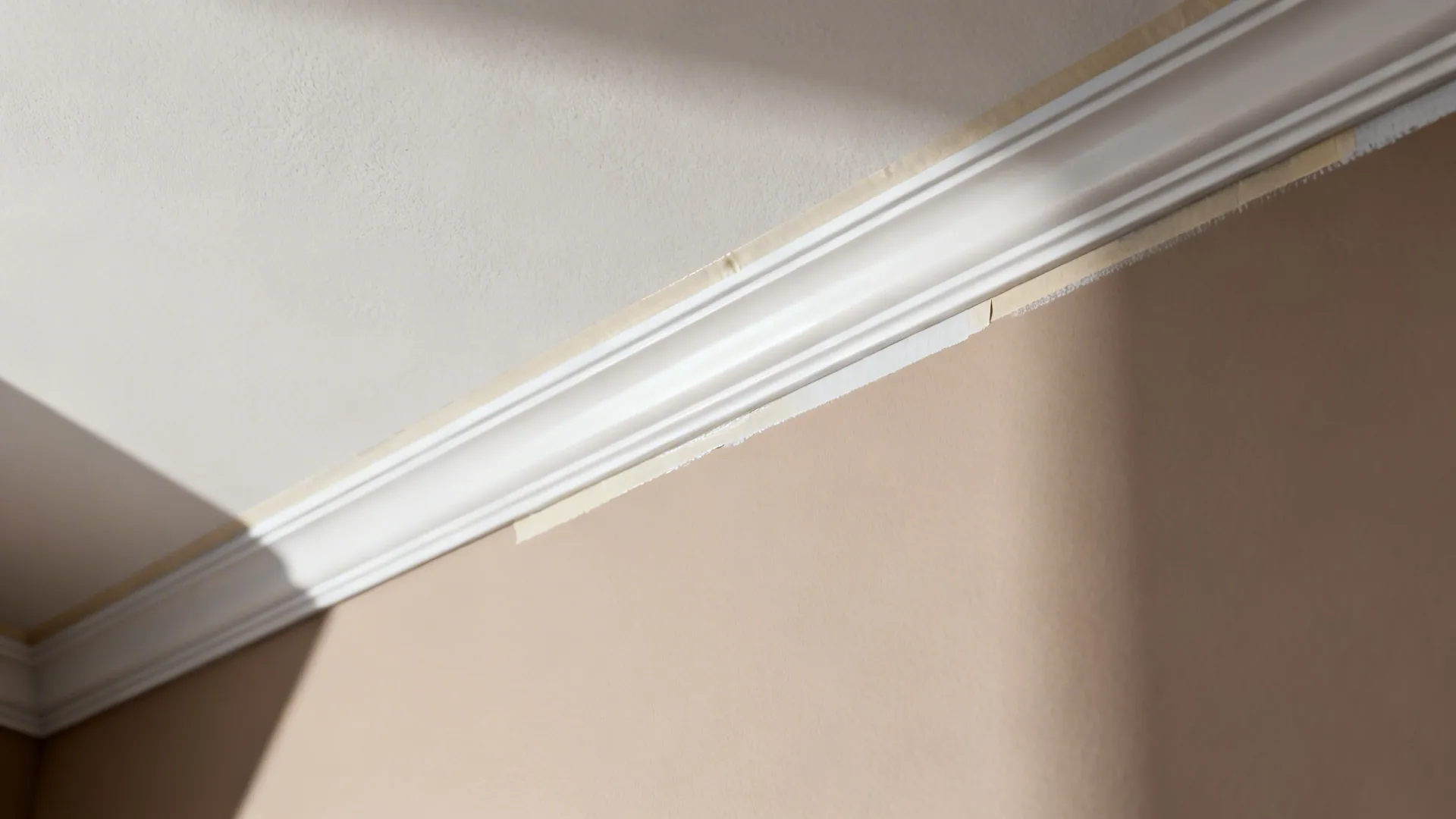 Close-up of a sharp white trim line separating wall and slanted ceiling with painter's tape detail