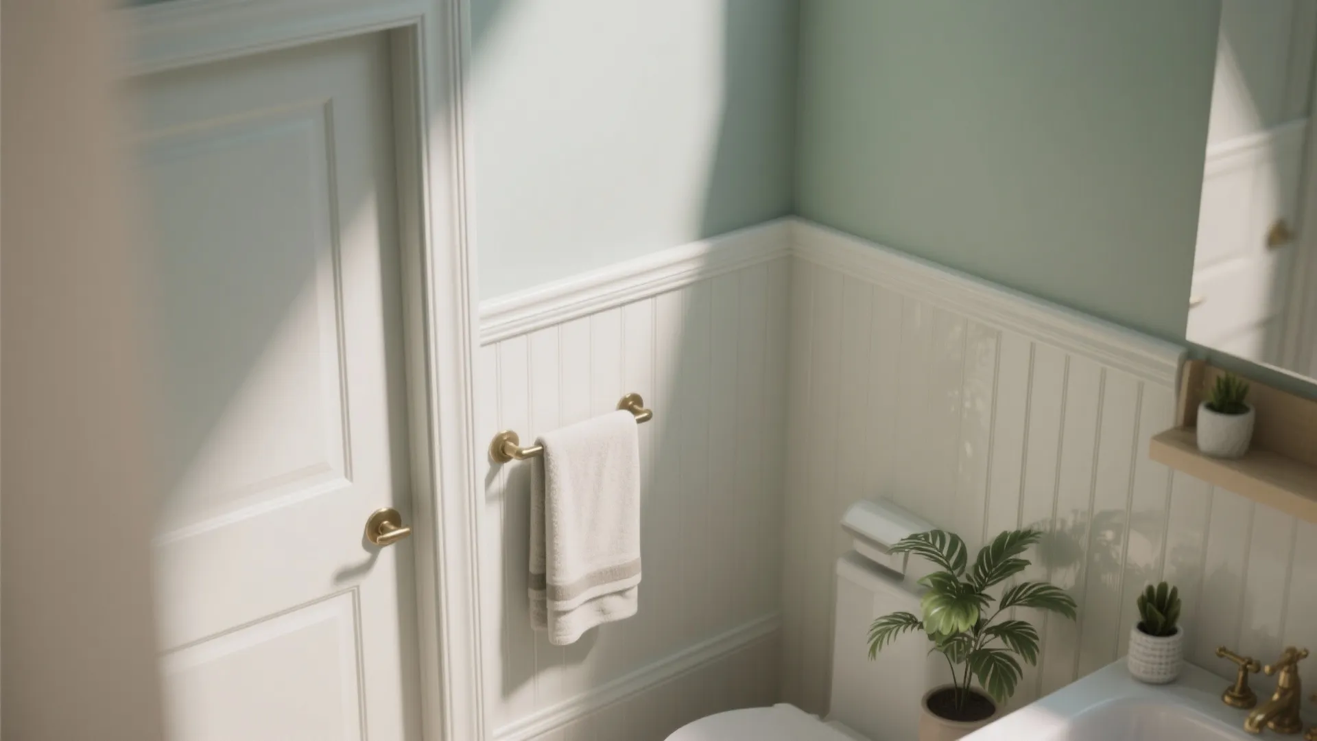 Bright bathroom corner with white wall panels light green walls white door and small plant