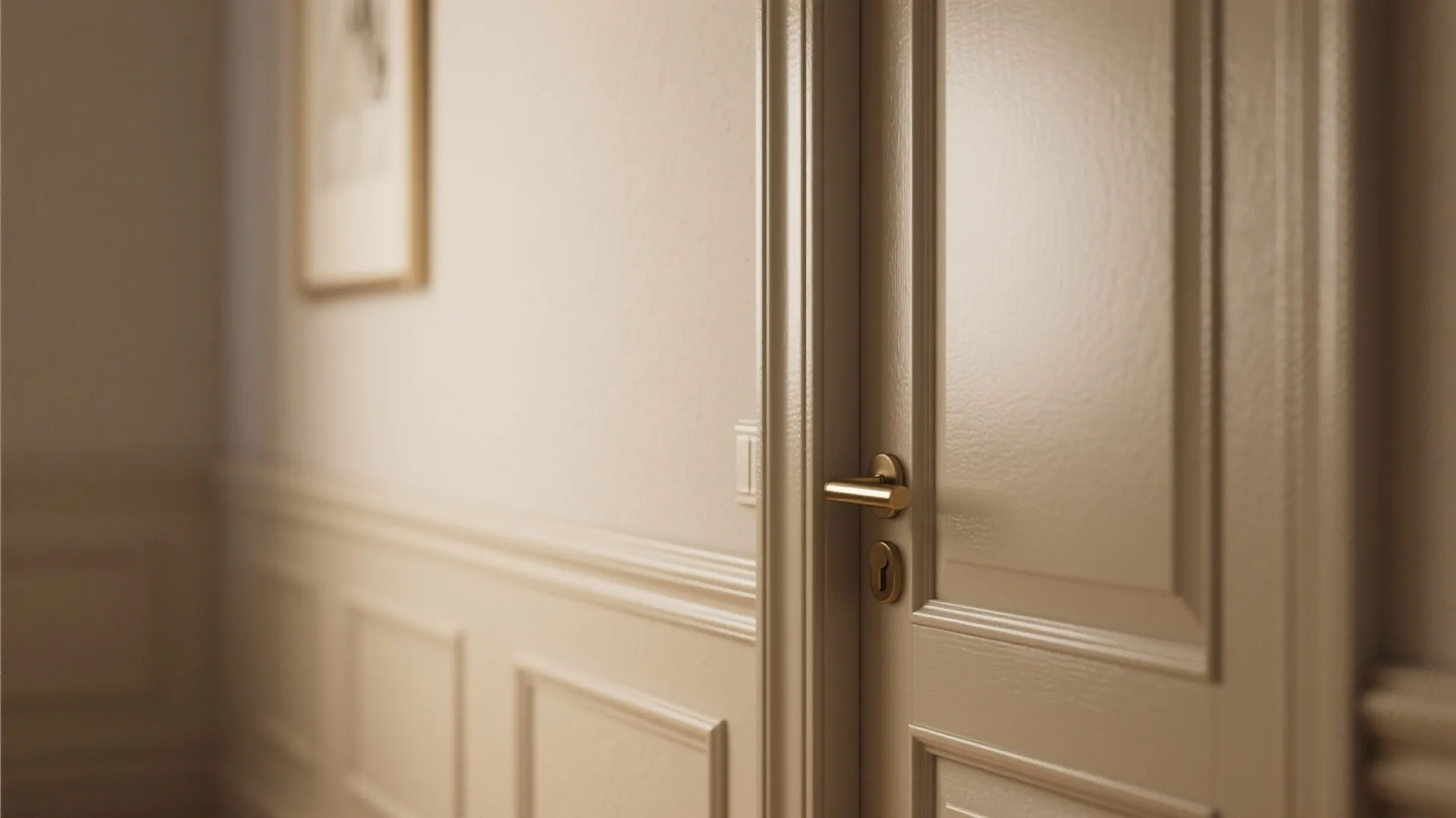 Macro of door and trim showing a darker satin finish against a warm matte wall with crisp edges.