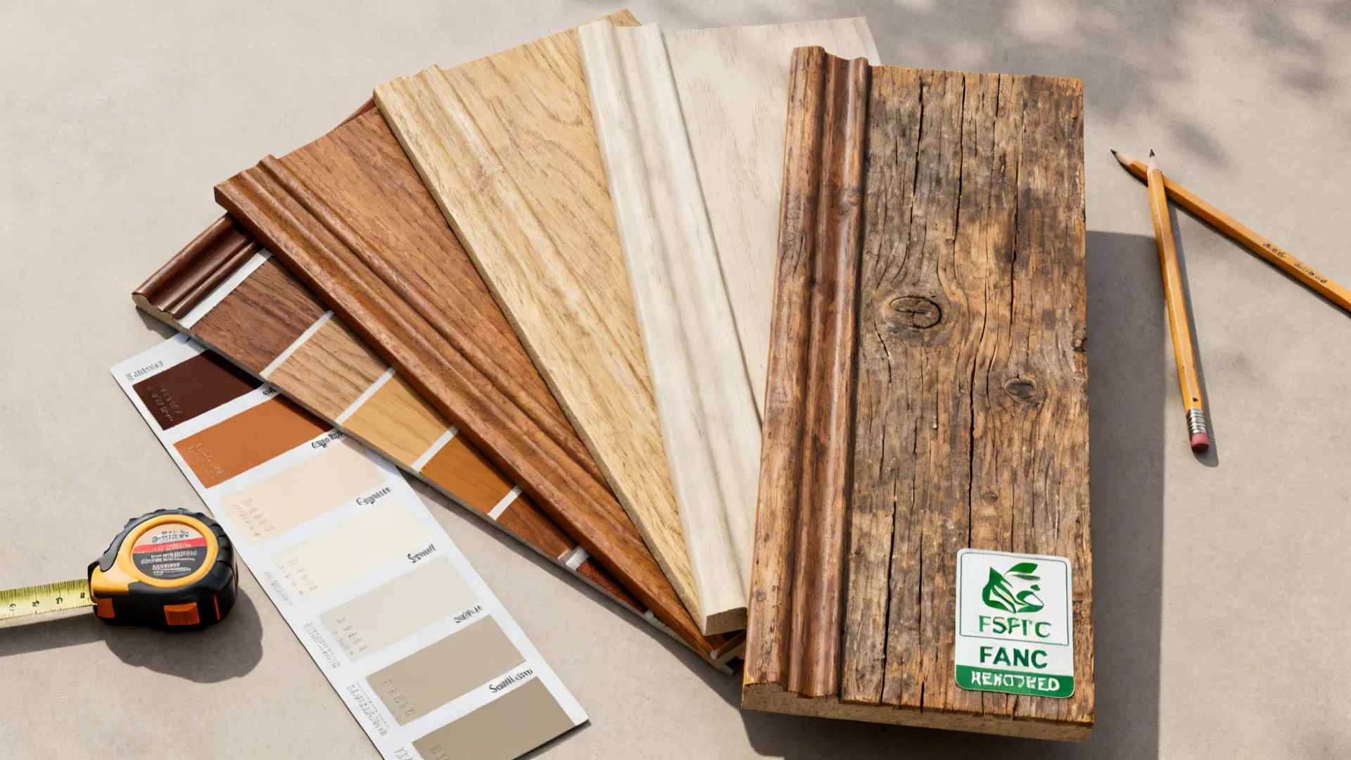 Flatlay of wood trim samples, stain swatches, and paint chips for planning trim projects