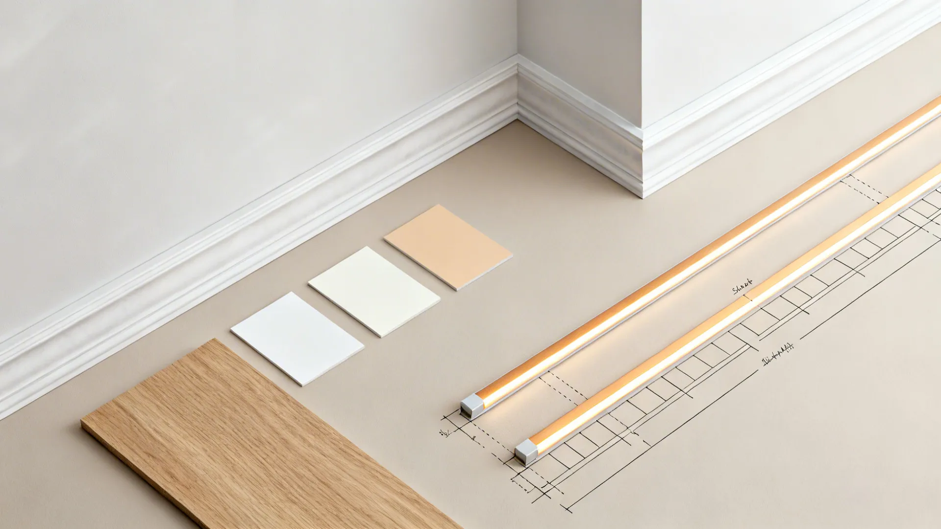 Flat lay of gypsum trim, white paint chips, oak veneer, and warm LED sample for ceiling design.