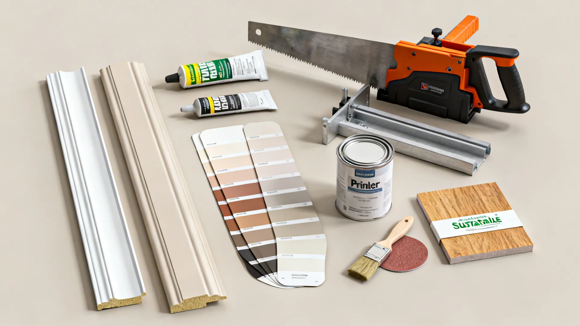 Collection of home improvement tools like paint brush color swatches saw and wall panel pieces