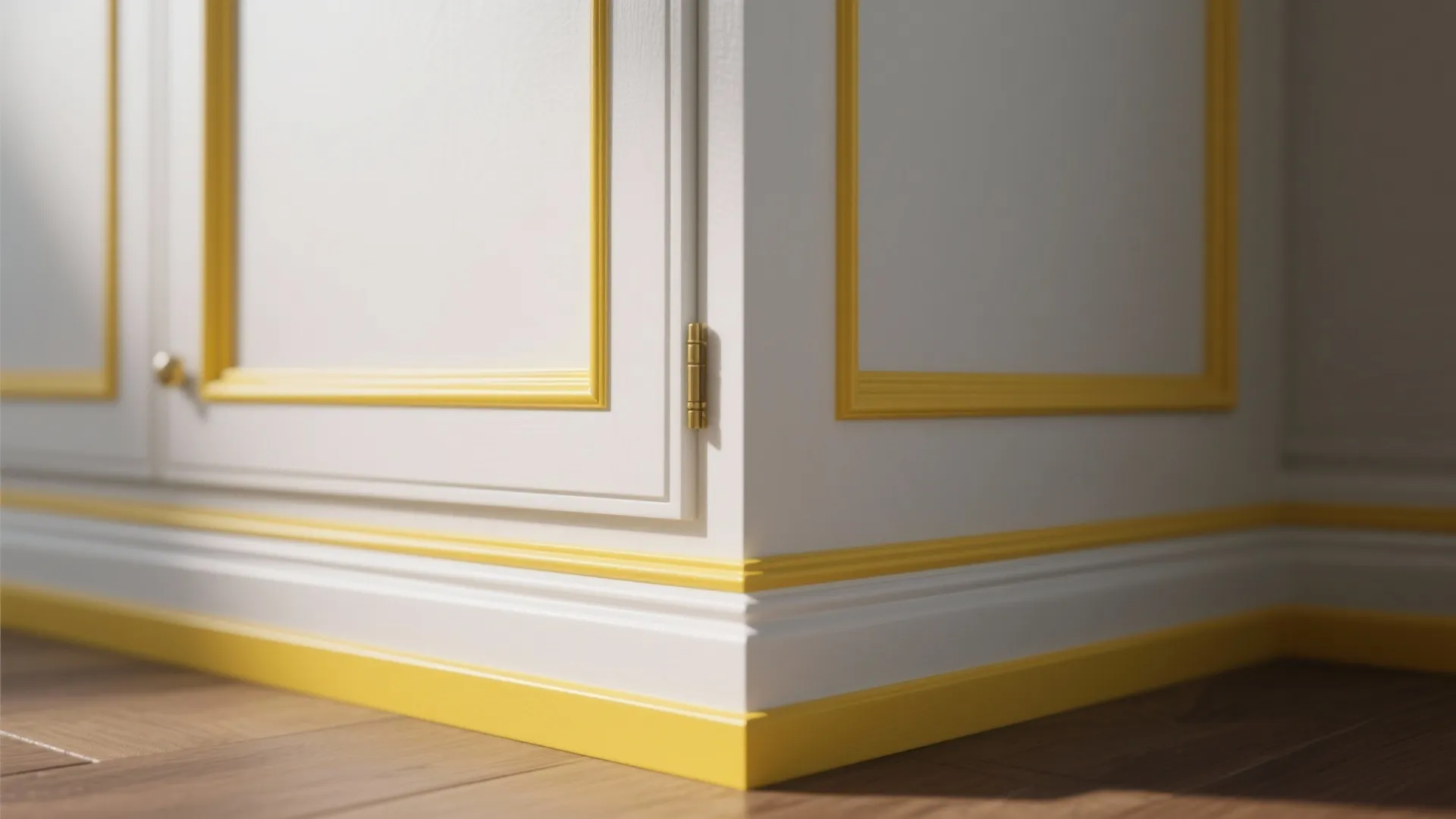 White cabinet face with yellow trim and toe-kick showing precise molding detail.