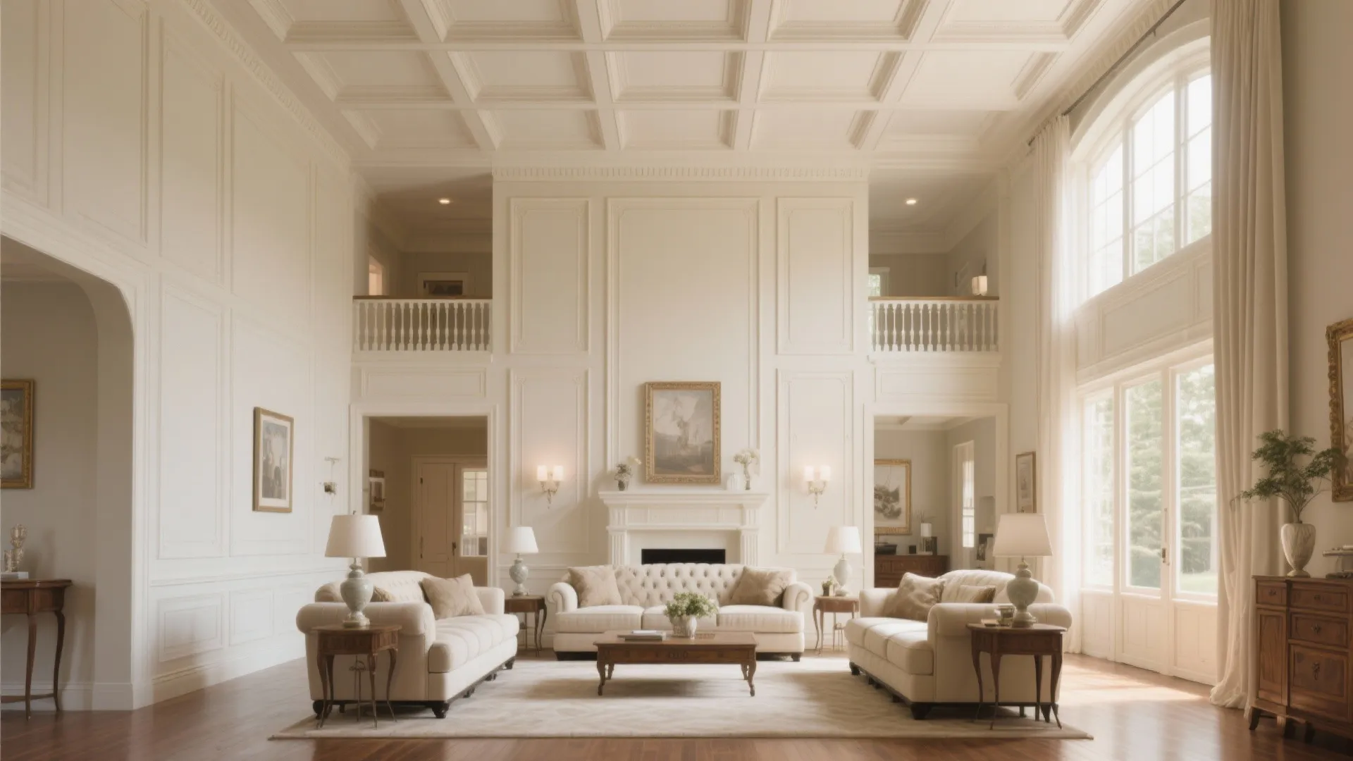 Elegant white living room with wall panel details classic sofas fireplace and high ceiling design