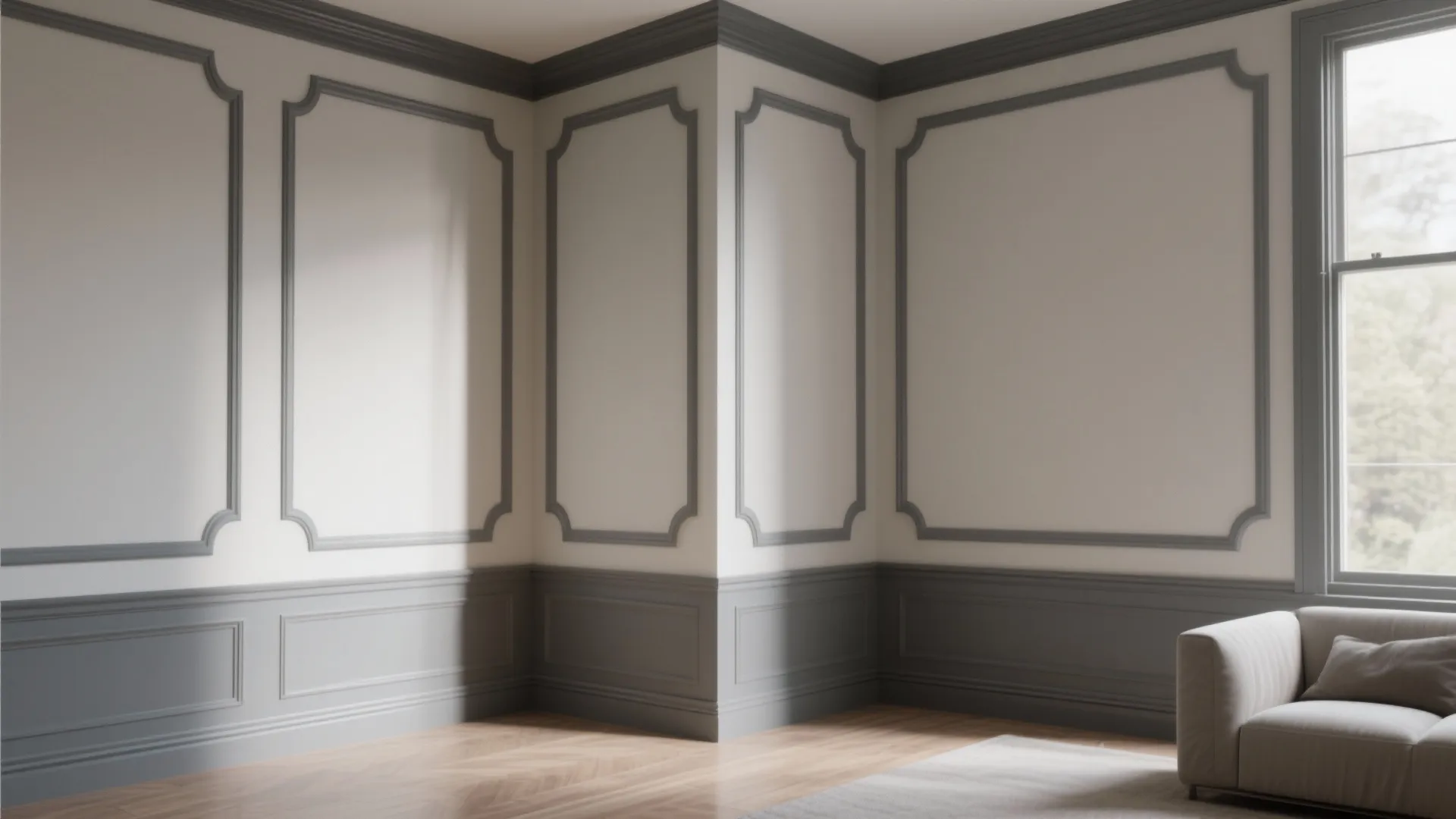 Modern room design with grey wall panels white upper walls wooden floor window and soft sofa