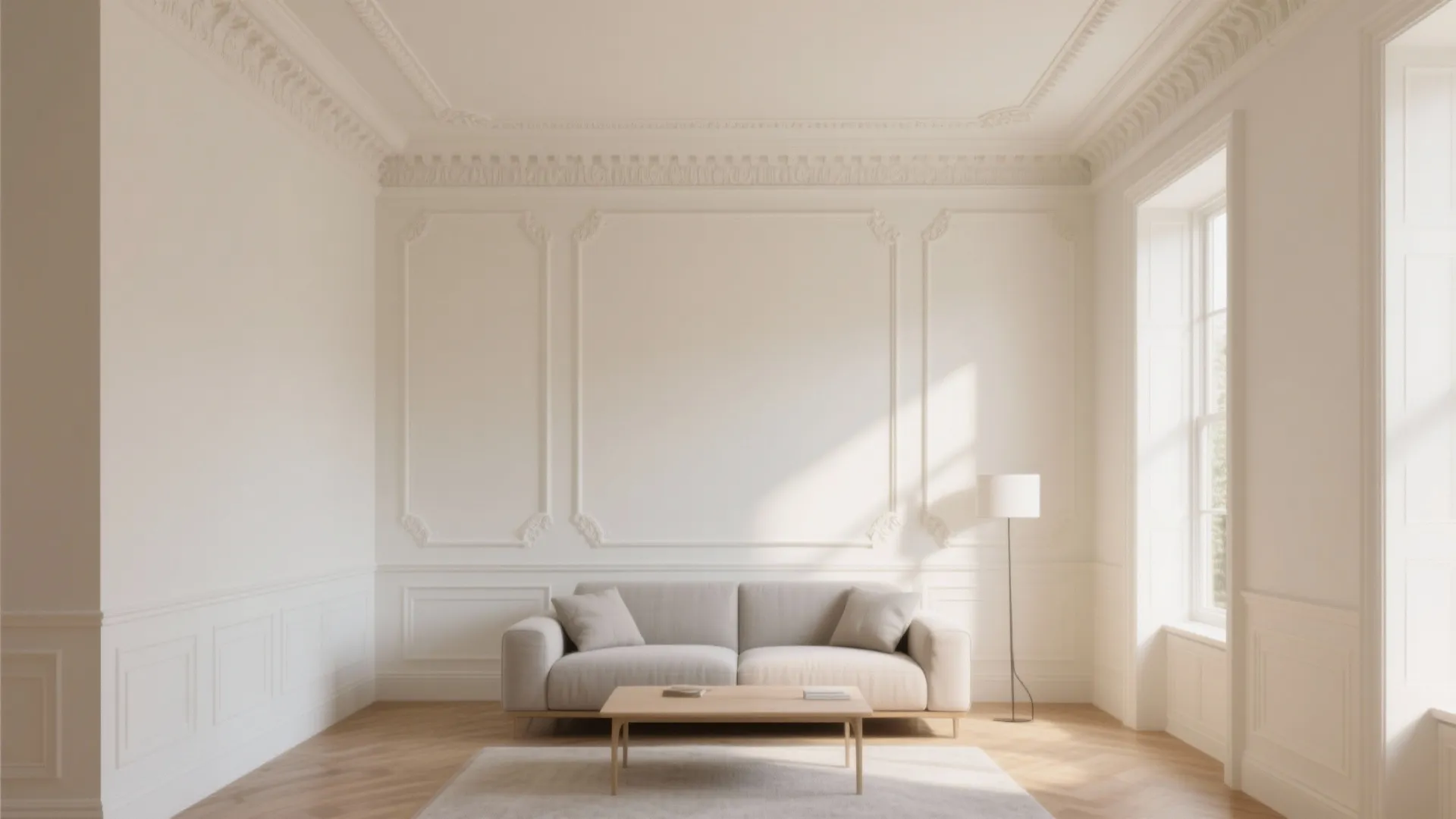 Elegant living room featuring wall panel design grey sofa wooden coffee table and white floor lamp
