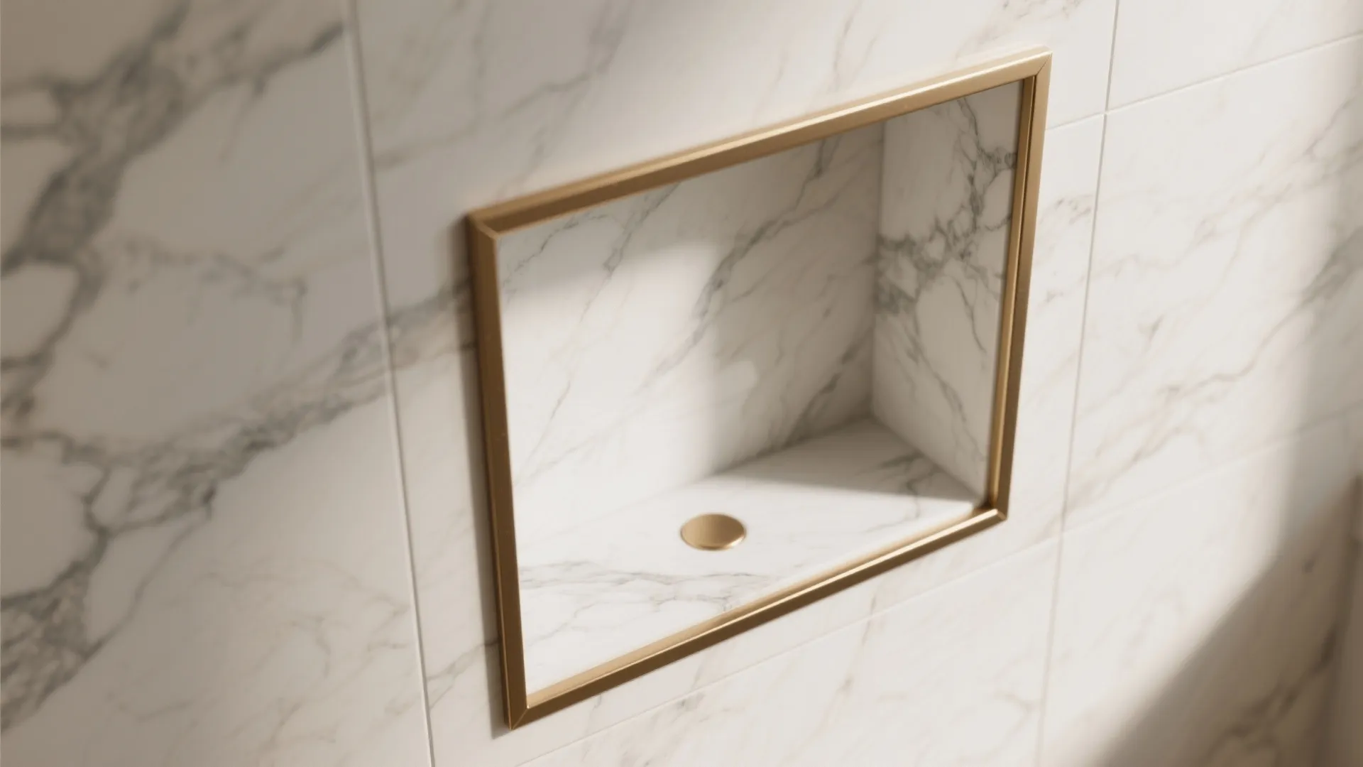 Macro of a shower niche framed by pencil trim with a brushed brass edge and matched grout tone.