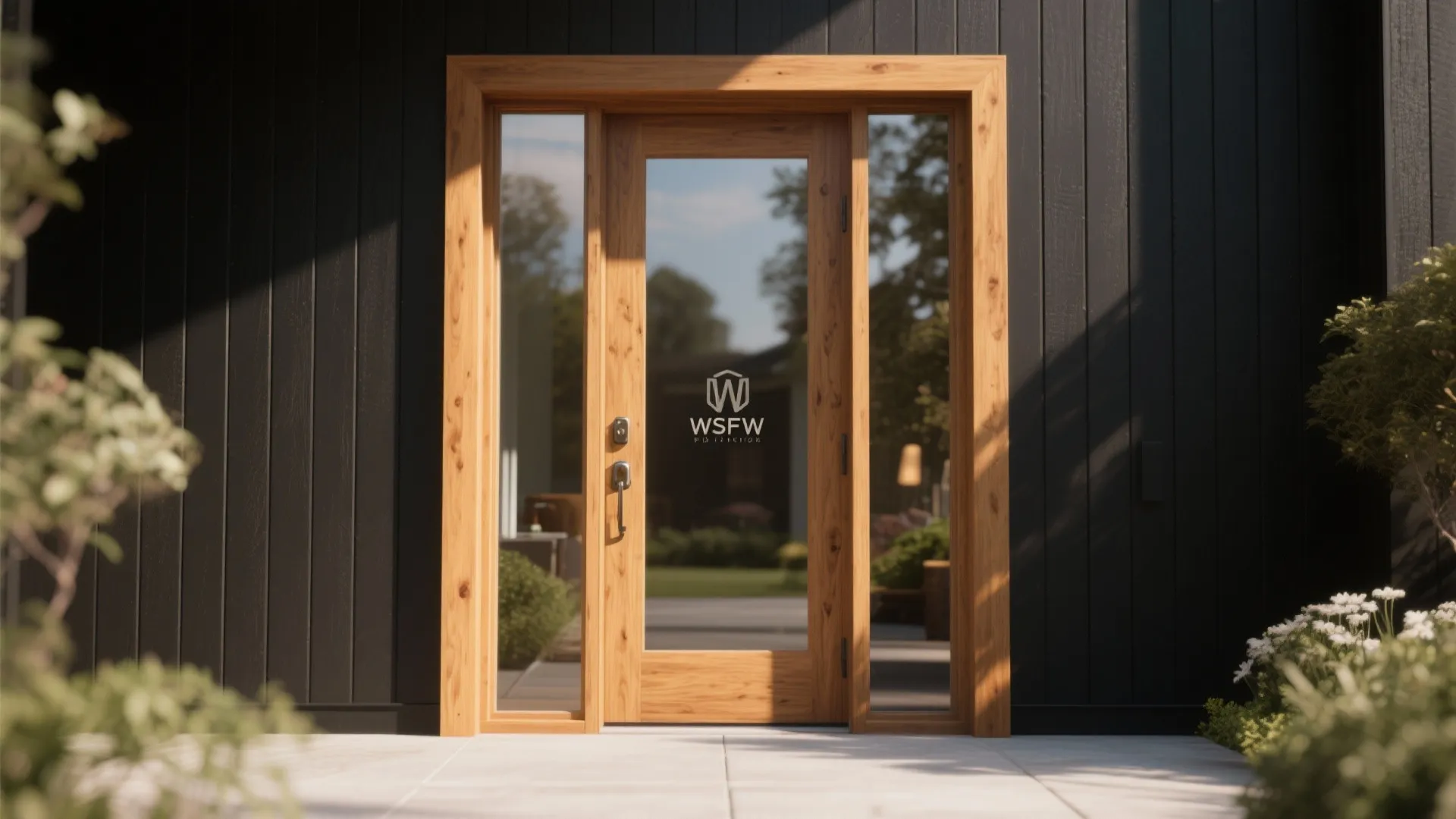 Close up view of a light wood front door with glass panels and black siding