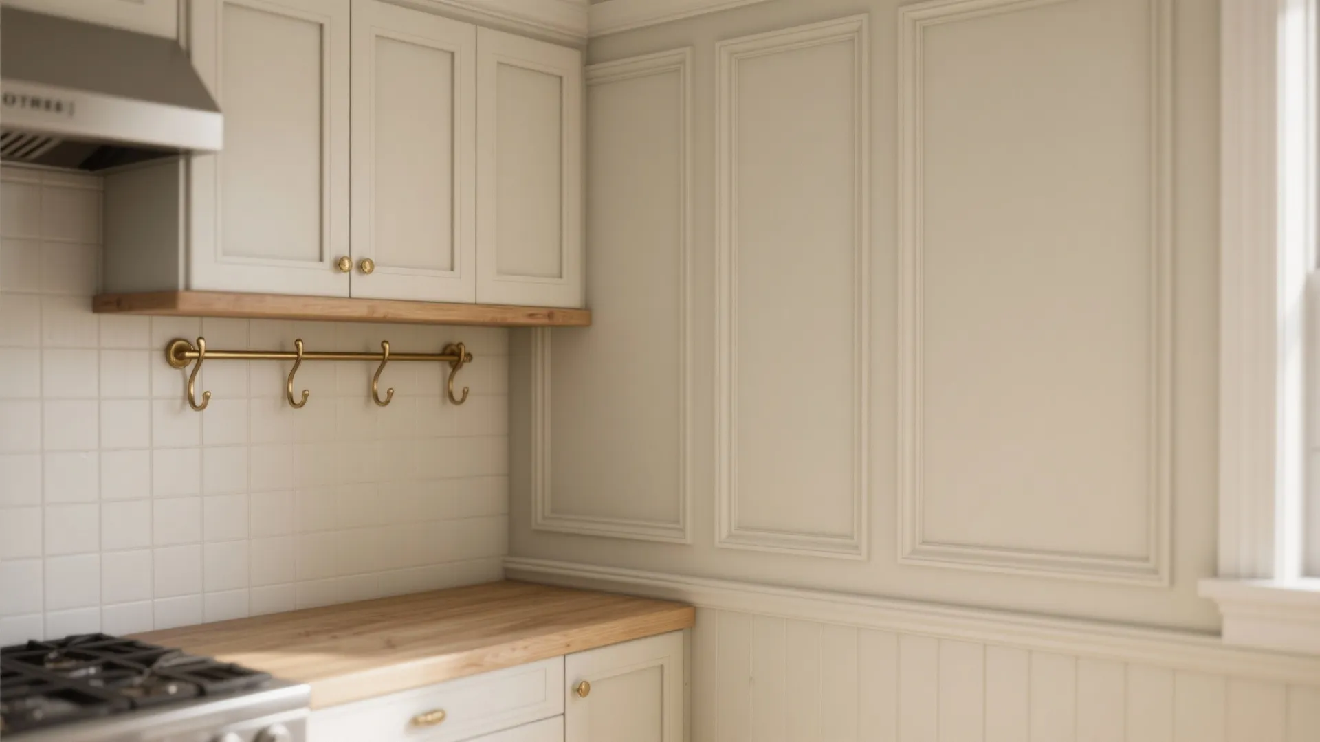 Modern kitchen with cream cabinets wood countertop white wall paneling gold hooks and gas stove