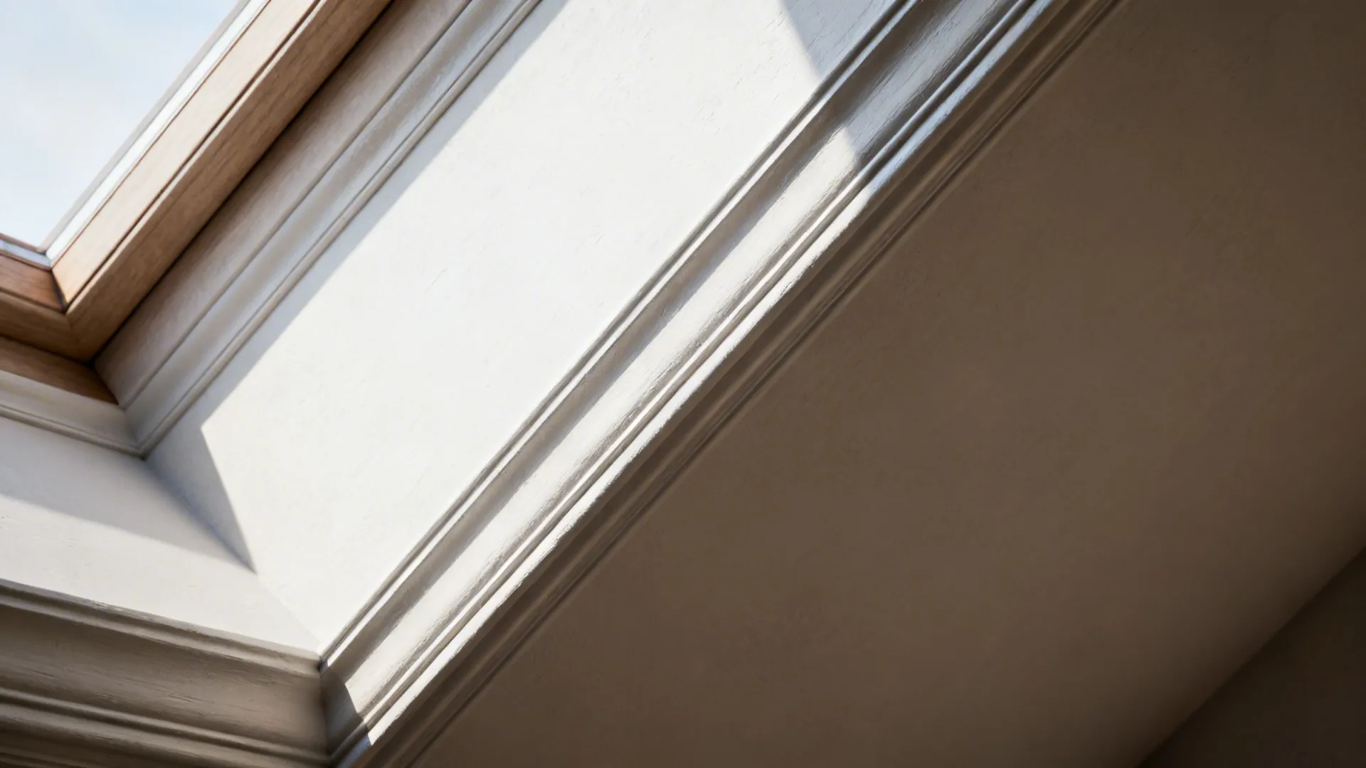 Close up of white wall panels and decorative trim around a wooden frame roof window