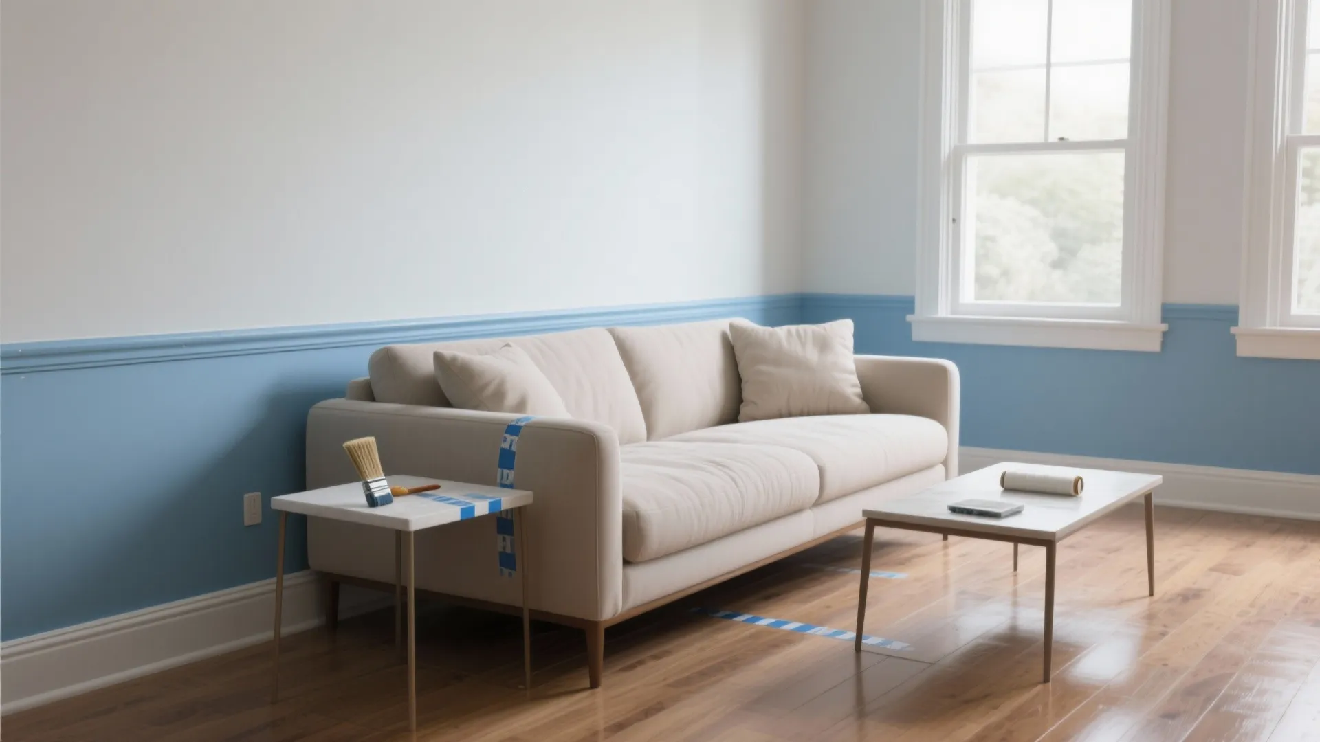 Living room with beige sofa and blue wall panels and blue tape on side table