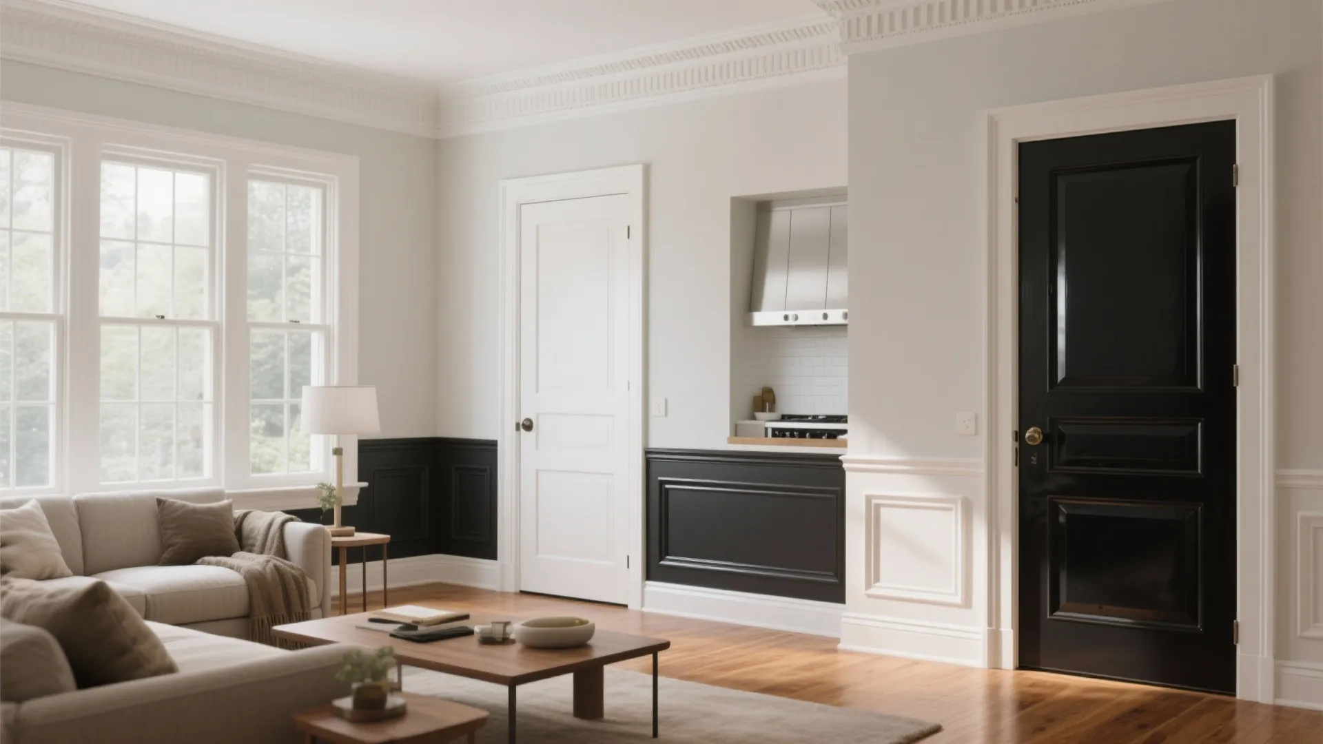 Bright living room showing a black door contrasting with white walls and black wall panels