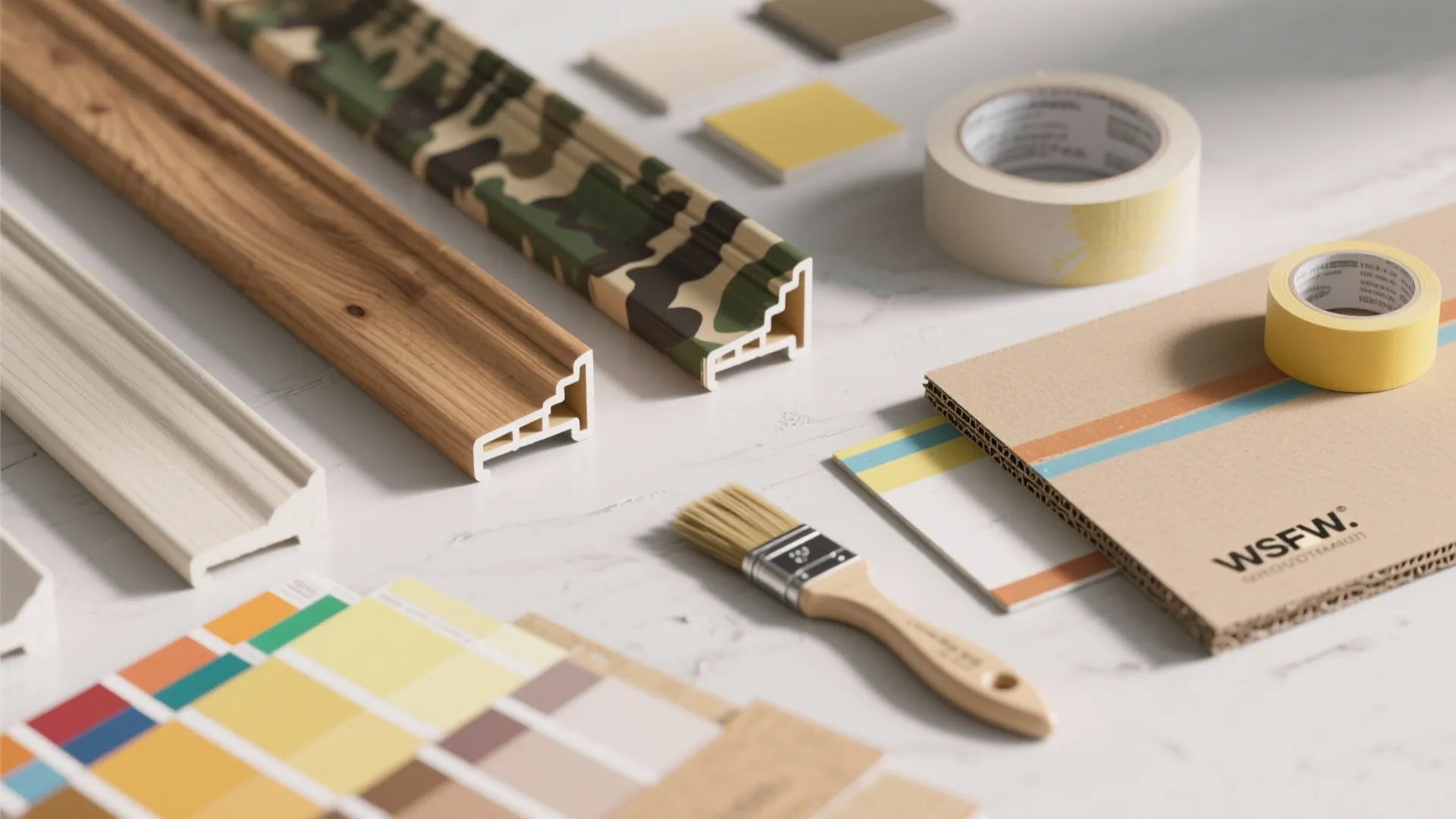 Flatlay of trim samples, paint swatches, tape, and mock-ups showing paint tricks to mask jamb flaws.