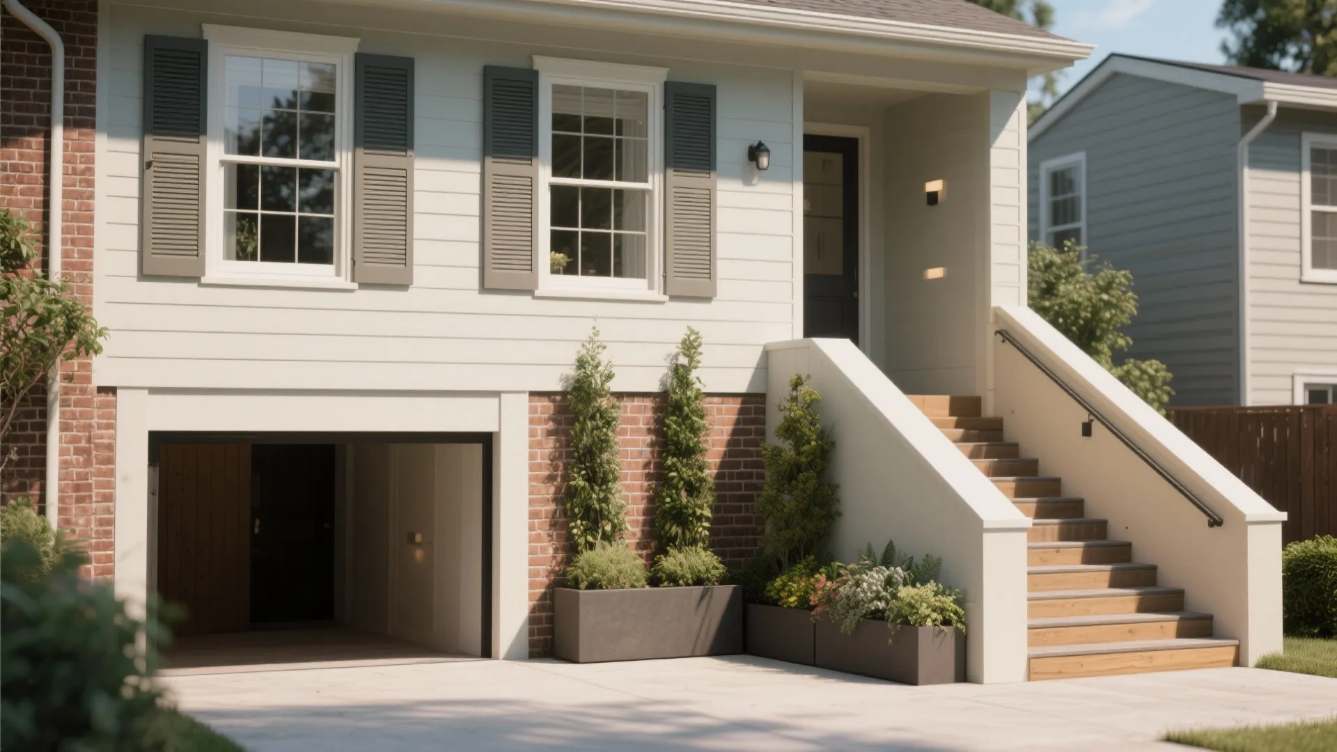 White house with open garage outdoor stairs brick walls and grey planters featuring tall plants